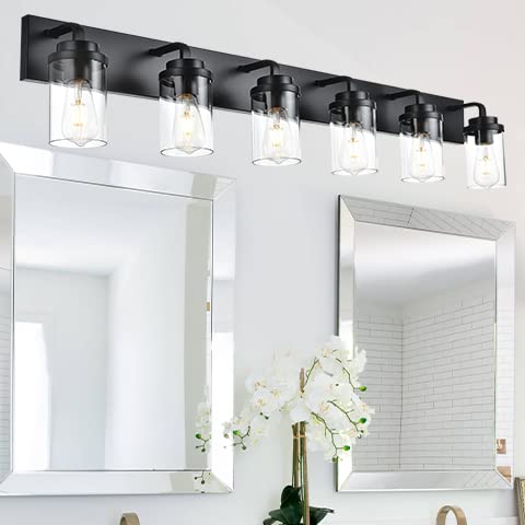 BONLICHT 6-Light Black Modern Bathroom Vanity Light Fixture with Clear Glass Shade - Farmhouse Wall Sconce for Mirror Lighting, Industrial Dining Room & Bar Wall Lamp - Perfect for Bathroom Makeover, Bedroom Decor and Restaurant Ambiance