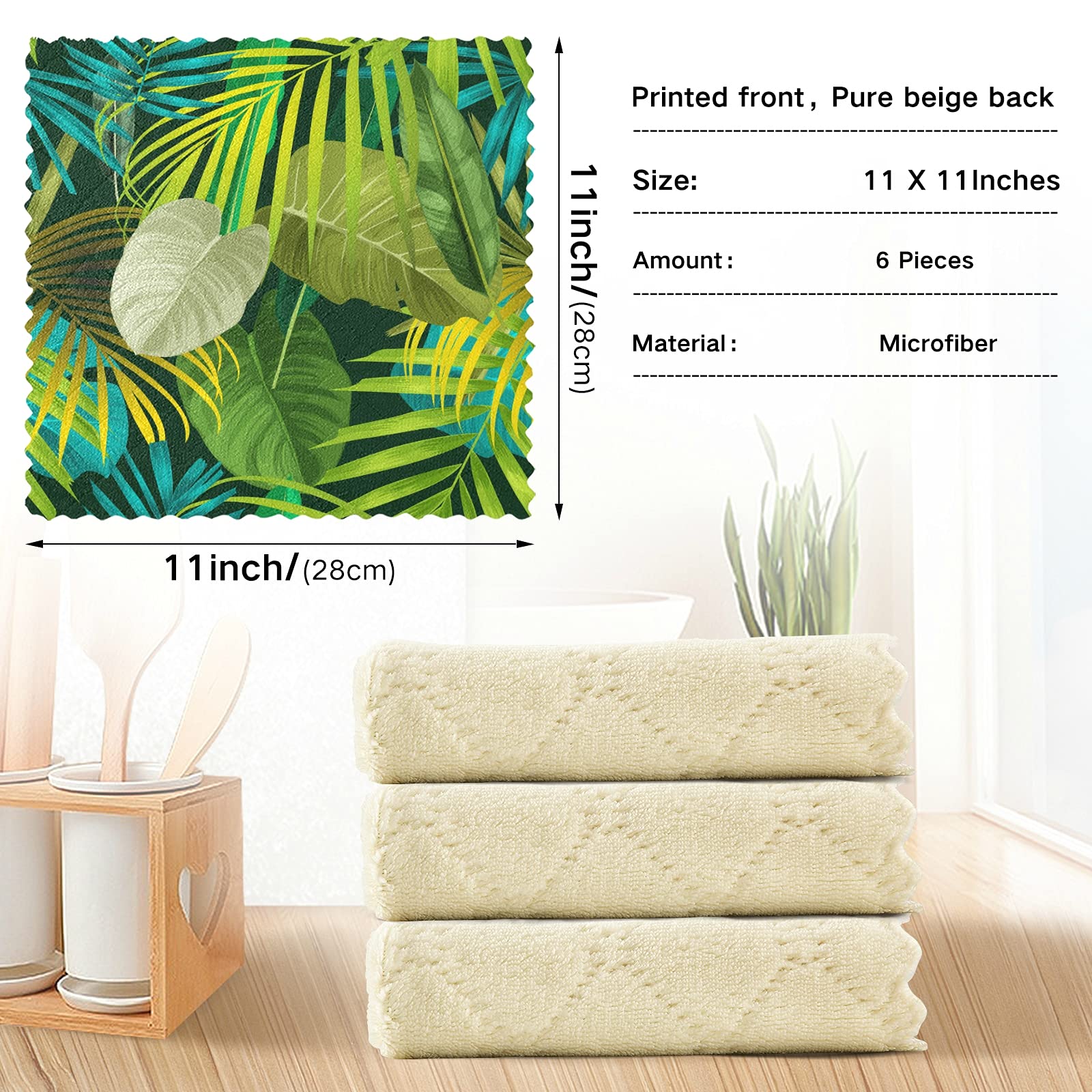ALAZA 6 Pack Green Palm Leaves Monstera Pattern Kitchen Towels - Super Soft & Fast Drying Dishcloths, Tea Towels (11x11 Inches) for Kitchen, Bar, Dining & Home Decor