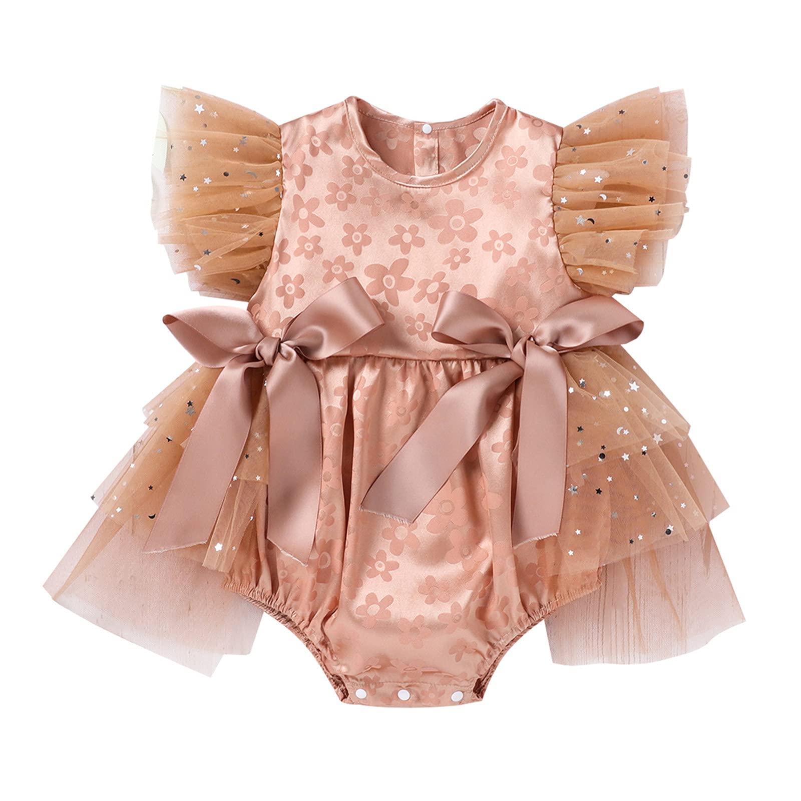 1st Birthday Girl Outfit - Newborn Infant Baby Girl Floral Romper with Bow & Ruffle Sleeves - Tulle Dress for Special Occasions, Photo Shoots & Birthday Parties