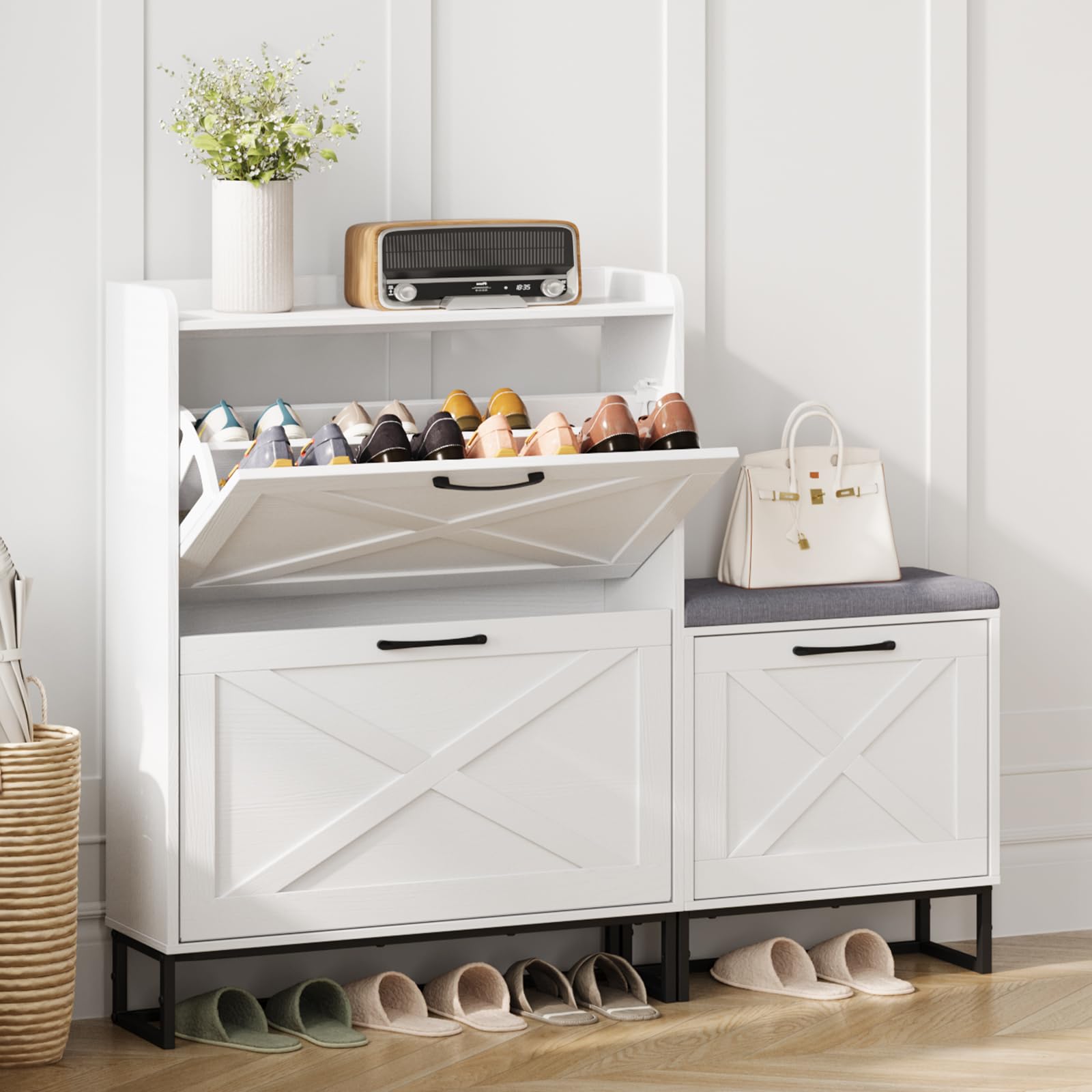 Maupvit 3-Tier Flip Shoe Storage Cabinet with Bench - Holds 20 Pairs of Shoes, Space-Saving Entryway Organizer for Hallway, Living Room & Small Spaces - White (Perfect for Apartments, Dorm Rooms & Closets)