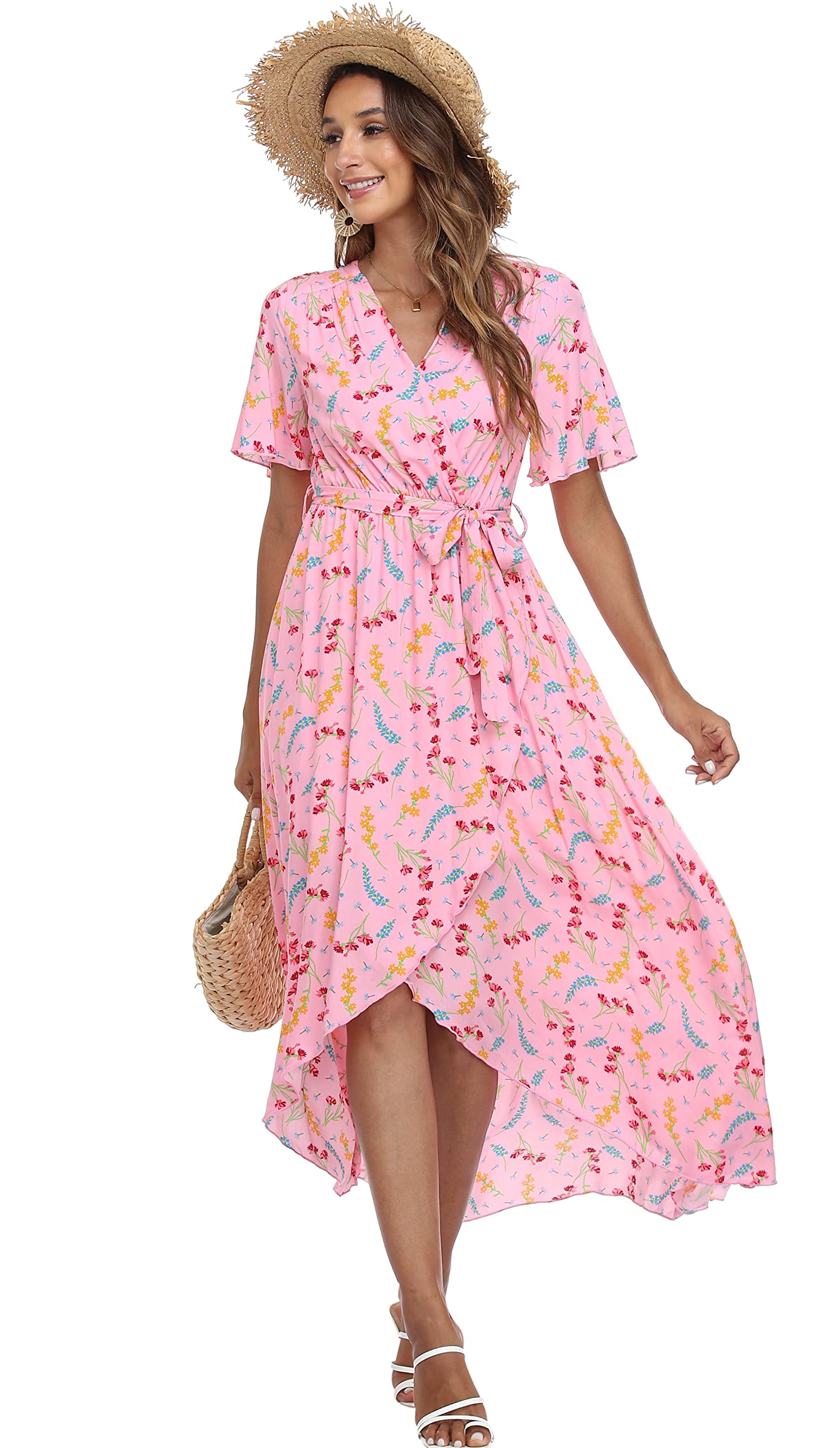 Vintage Floral Wrap Dress for Women - V Neck High Low Maxi Summer Dress Casual Boho Style | Perfect for Beach Vacations, Date Nights & Summer Outings