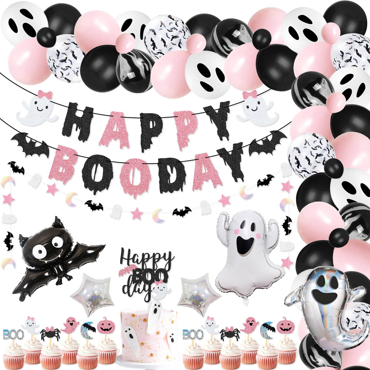 92 Packs Pink & Black Halloween Birthday Party Kit - Happy Boo Day Banner, Cake Topper, Ghost Cupcake Toppers, Skeleton Bat Mylar Balloons - Perfect for Halloween & Birthday Party Decorations, Home & Office Celebrations