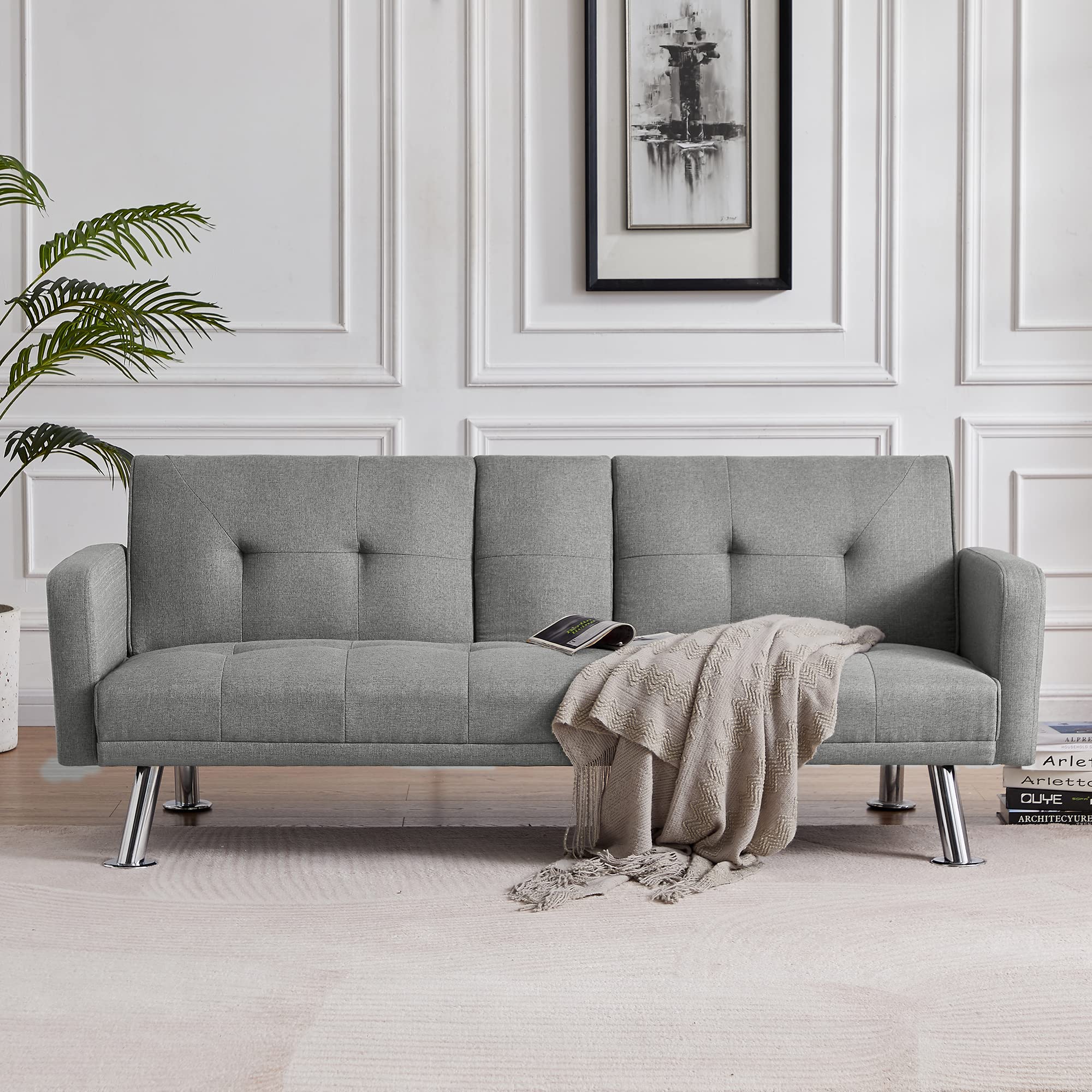 Convertible Futon Sofa Bed - 3 Adjustable Positions, Modern Upholstered Daybed Loveseat with 2 Cup Holders | Space-Saving Sleeper Couch for Small Apartments, Studio, Office & Compact Living Rooms (Grey) | Perfect for Guest Sleeping, Lounging & Small Space Living