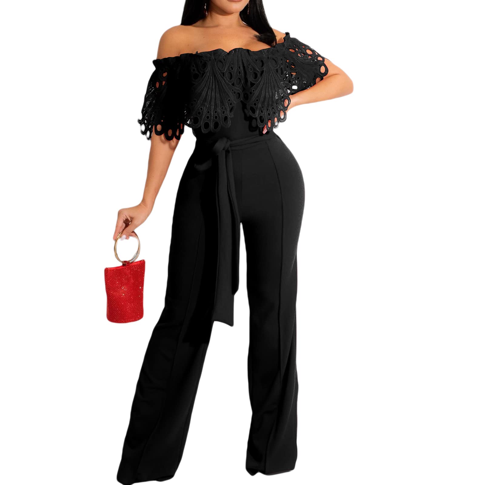 ZZEVOLSS Women's Elegant Off Shoulder Wide Leg Jumpsuit - High Waist Feather Trim Long Romper for Party, Club & Evening Wear | Formal Dresses & Special Occasion Outfits