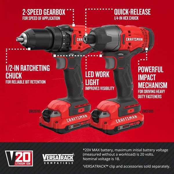 CRAFTSMAN 20V Max Cordless Drill & Impact Driver Kit (Refurbished) with Full Warranty - CMCK200C2 | Perfect for DIY Projects & Home Repairs
