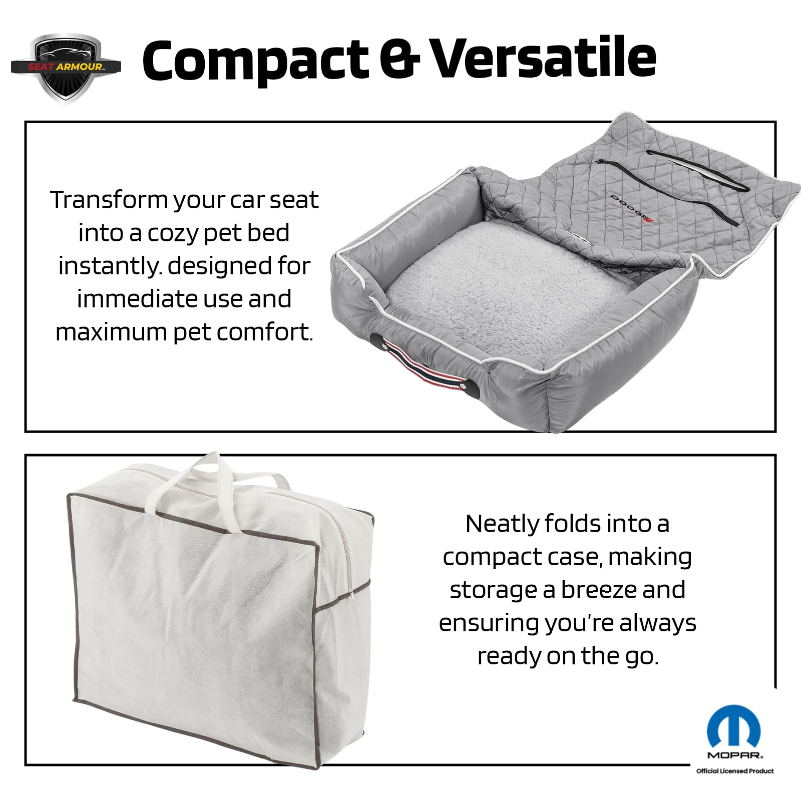 **Dodge PetBed2GO Dog Car Seat Cover – 2-in-1 Pet Bed & Seat Protector – Waterproof, Non-Slip, 26x20x6 Inches, Gray – Perfect for Travel & Daily Commute**