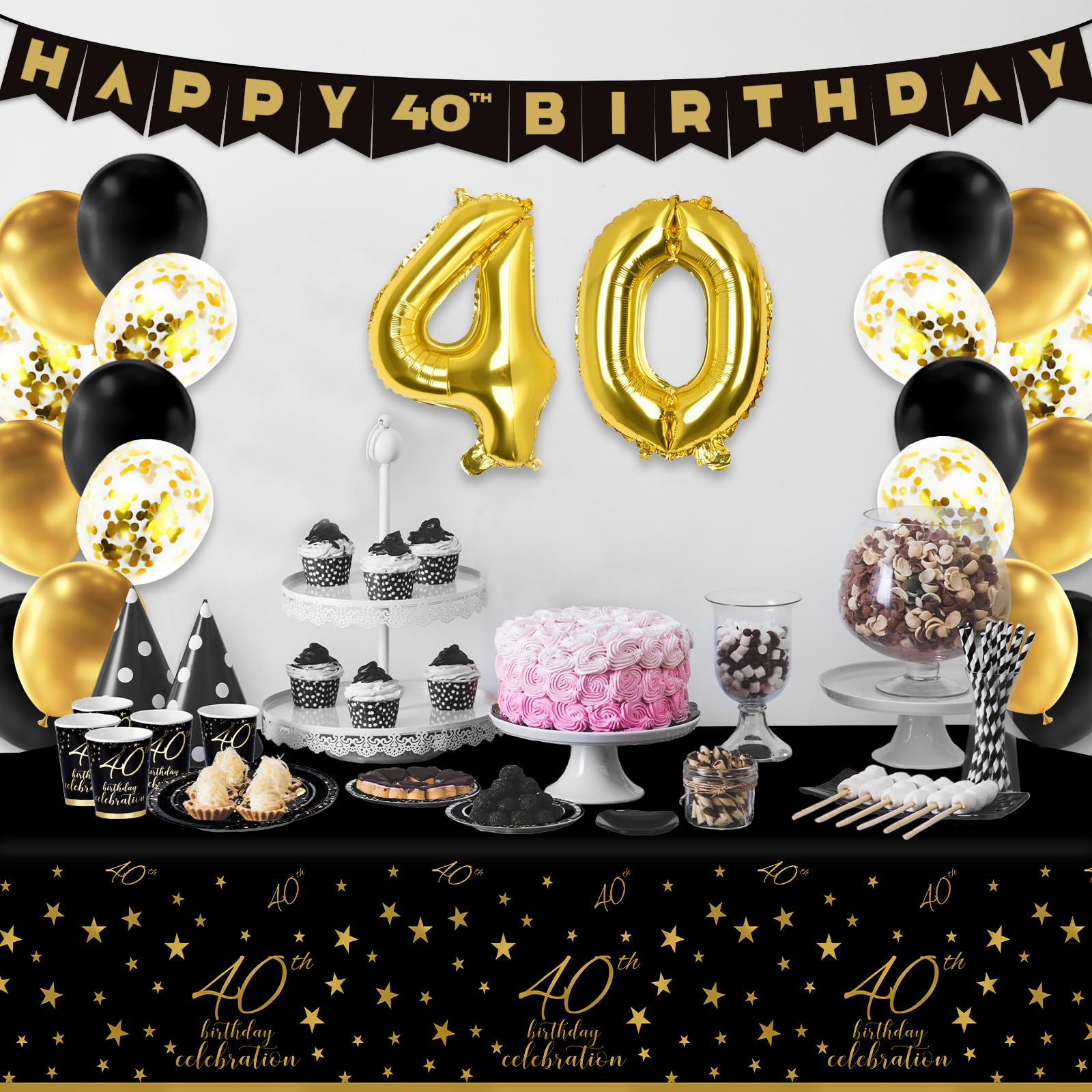 Gatherfun 40th Birthday Party Supplies Set - 40 Disposable Paper Plates, Napkins, Cups, Cutlery & Tablecloth - Black & Gold Decorations for Men & Women (Serves 25) - Perfect for Anniversary Celebrations, Milestone Parties & Special Occasions