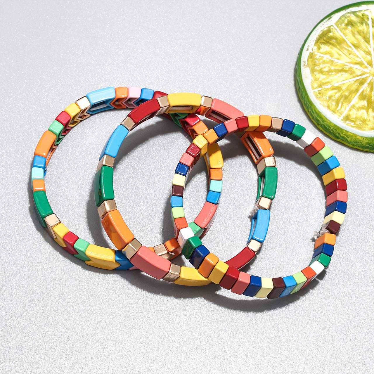 METOBAR Enamel Tile Tila Beaded Bracelet Set - Colorful Bohemian Stretchy Elastic Stackable Bracelets for Women - Perfect for Festival, Beach, and Boho Chic Outfits
