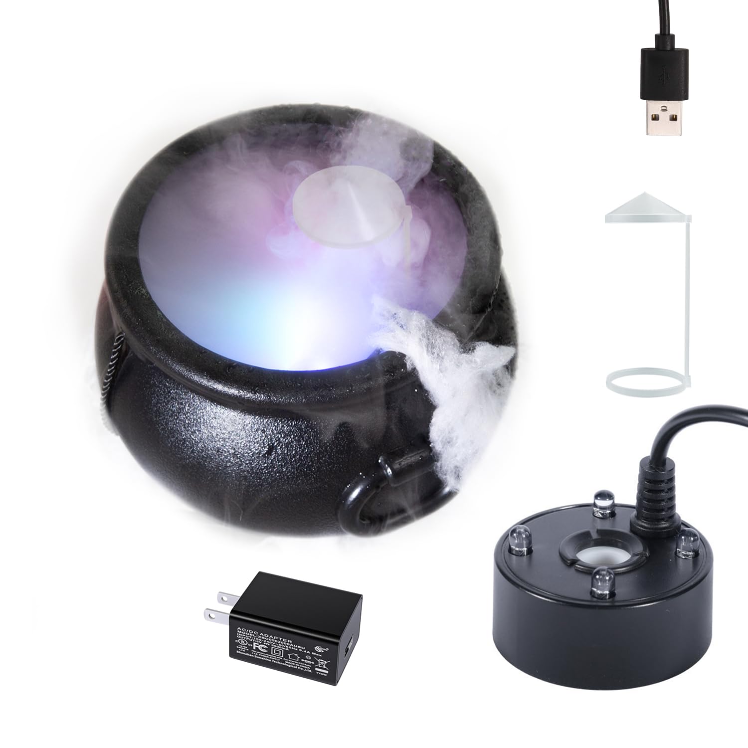 Large Witches Cauldron Mist Maker - USB Mini Fog Machine with LED Lights & Splash Cover for Halloween Decor, Fish Tanks, Vases & Rockery | Perfect for Spooky Parties, Home Decor & Aquarium Displays