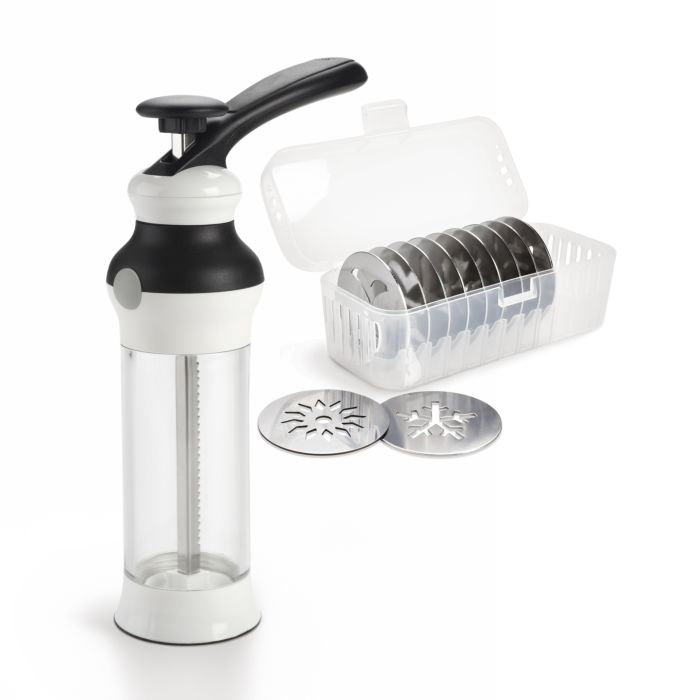 OXO Good Grips Cookie Press - Stainless Steel Cookie Maker with 12 Decorative Discs for Holiday Baking, DIY Cookies & Desserts - Perfect for Christmas, Weddings & Party Treats