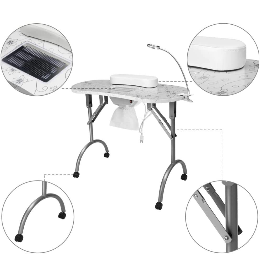 Foldable Portable Nail Art Station with Locking Wheels, Adjustable Lamp & Wrist Rest - Professional Manicure Table for Home Salon & Mobile Nail Technicians - Perfect for Nail Art, Gel Extensions & Pedicures