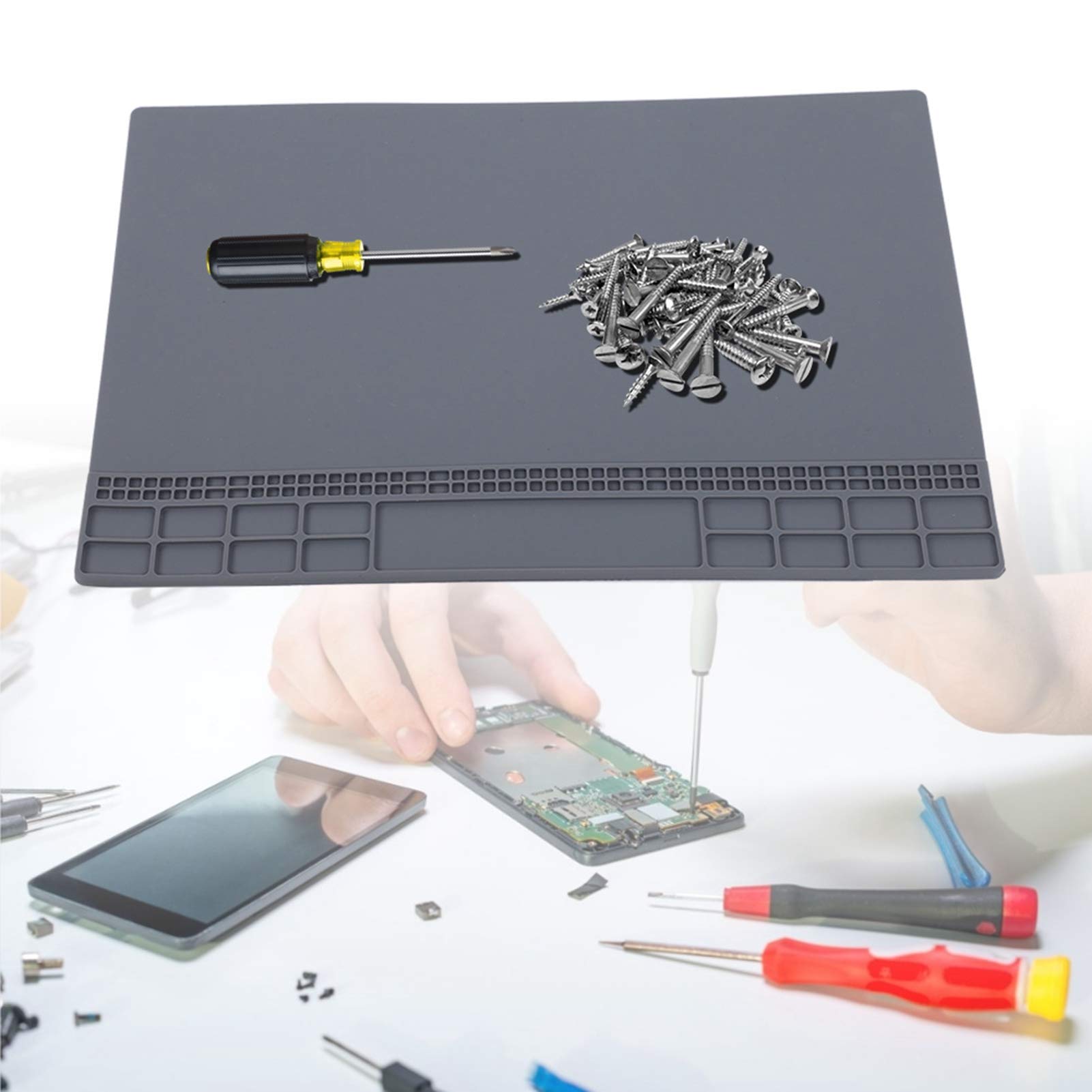 Premium Silicone Repair Mat - Heat Resistant Soldering Station Mat with Screw Storage for Electronics Repair & Maintenance (Grey) - Ideal for Workbench, DIY Projects & Phone Repair Workspace