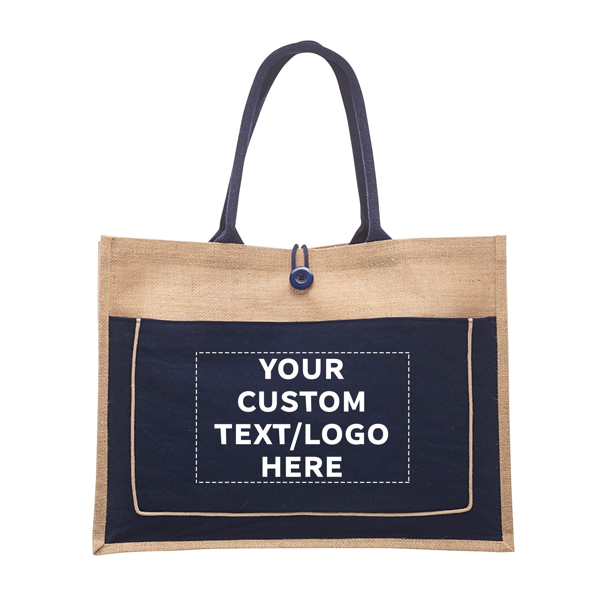 Eco-Friendly Jute Tote Bags with Cotton Pockets - 6 Pack Customizable with Text & Logo - Reusable Grocery Shopping Bags for Farmers Market, Beach & Retail Stores - Navy Blue Cotton Lined Totes
