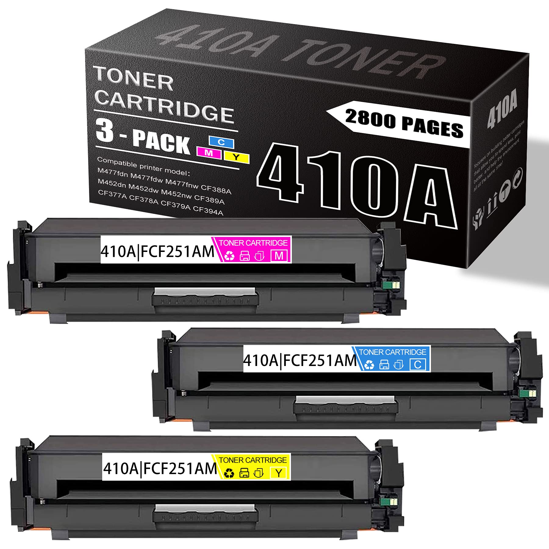 3 Pack (1C+1M+1Y) HP CF251AM Compatible 410A Toner Cartridge Replacement for HP M477fdn/M477fdw/M477fnw/CF388A/M452dn/M452dw/M452nw/CF389A/CF377A Printers - High Yield Printing for Office & Home Use