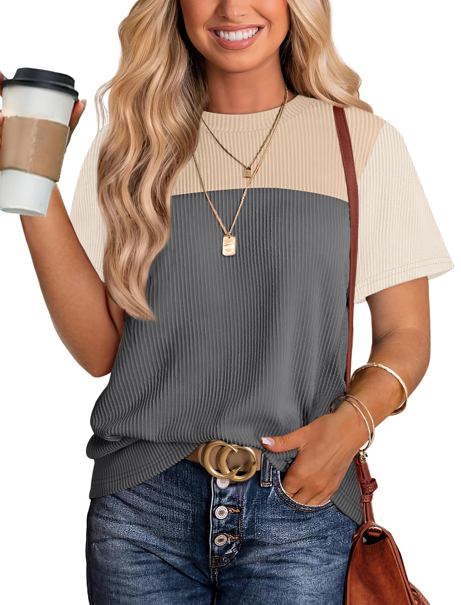 WIHOLL Women's Color Block Short Sleeve Crewneck Knit Top - Trendy Casual Spring Summer Shirts for Women | Perfect for Office, Dating & Weekend Outfits