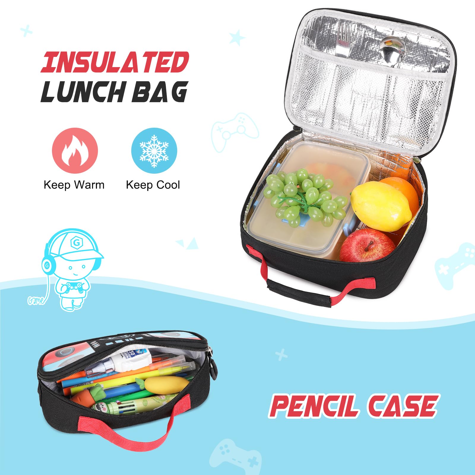 Bevalsa Luminous Gamer Backpack for Boys - Waterproof School Backpack with Lunch Box & Pencil Pouch Set - Perfect for School, Travel, and Gaming Conventions