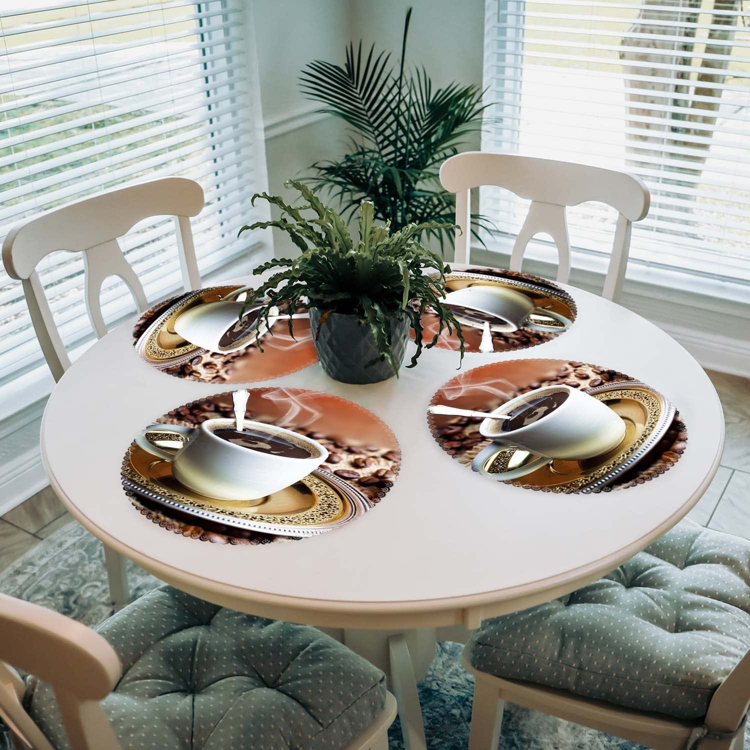 **Round Heat-Resistant Washable Polyester Placemats - Set of 4 for Kitchen & Dining Table Decor - Coffee Theme - Perfect for Everyday Meals, Dinner Parties & Holiday Gatherings**