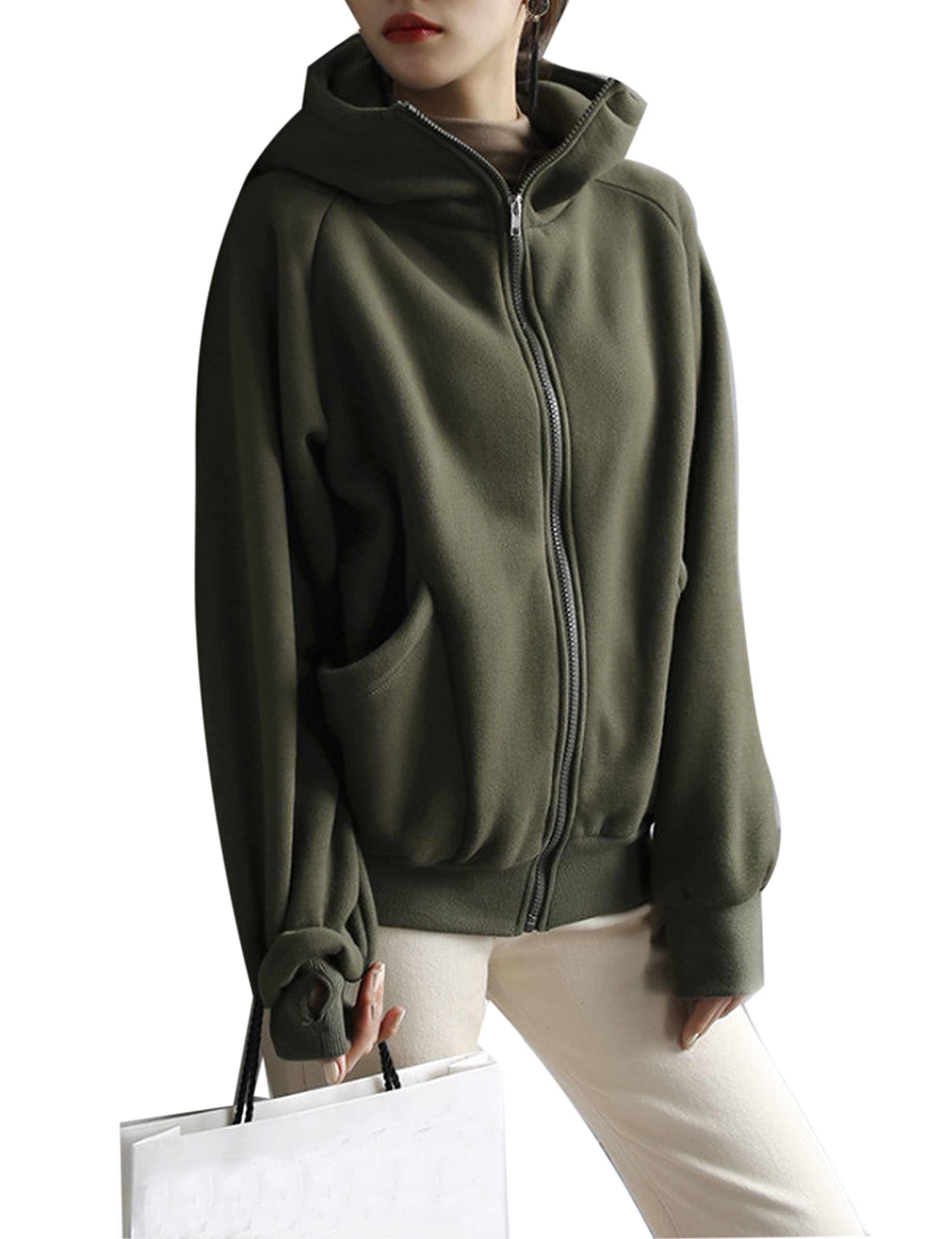 Yeokou Women's Oversized Zip Up Hoodie with Funnel Neck & Drawstring - Long Sleeve Casual Sweatshirt for Lounge, Travel, and Streetwear Fashion