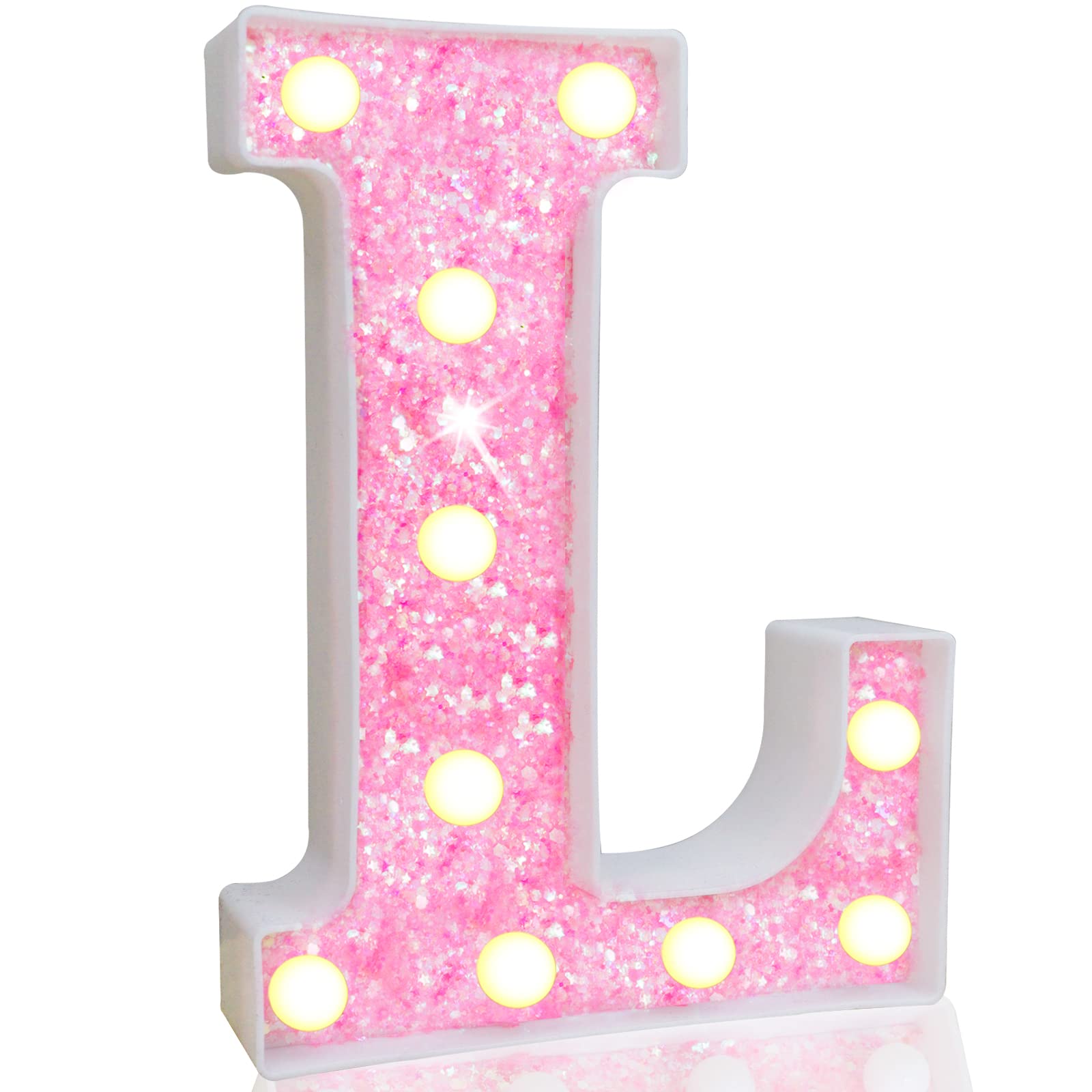 Pooqla LED Marquee Letter Lights - Pink Glitter Alphabet Light Up Sign, Battery Powered for Night Light, Birthday Party, Wedding, Home Bar & Christmas Decorations - Perfect for Girls Gifts & Bedroom Decor