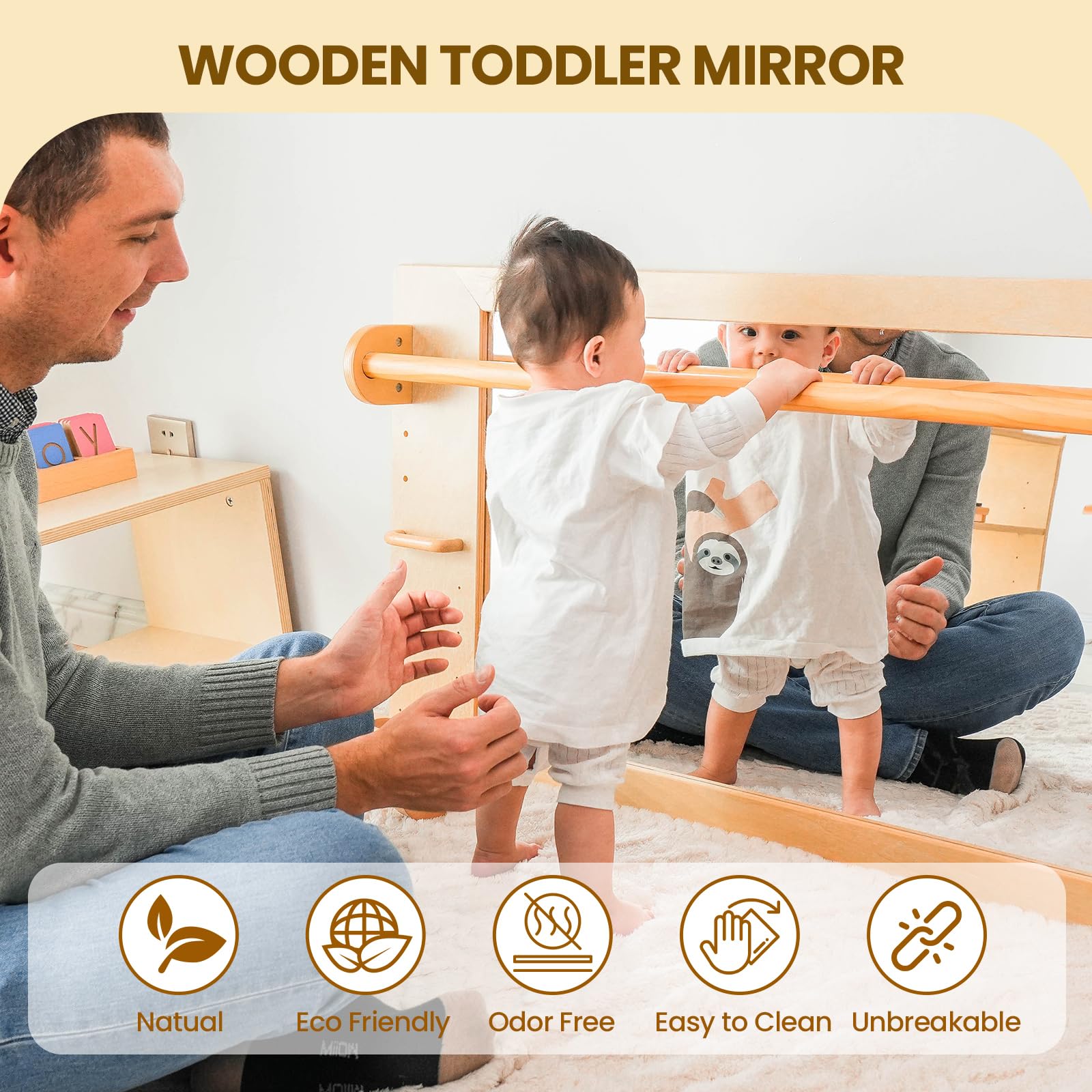 Montessori Wooden Mirror for Toddlers - Shatterproof Acrylic Safety Mirror with Handle - Early Learning & Walking Aid - XH-MTM-2 - Perfect for Nursery, Playroom & Montessori Classroom Activities