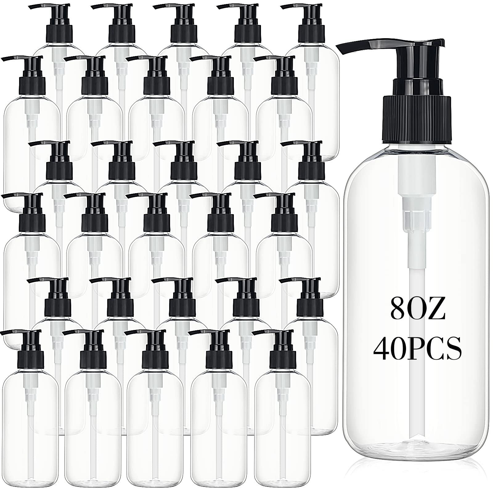 40 Pack 8 oz Clear Refillable Plastic Pump Bottles with Dispenser - Travel Size Lotion Containers for Shampoo, Body Wash, Hand Soap, Massage Oil & Face Cream | Perfect for Home, Salon, Gym & Travel Use