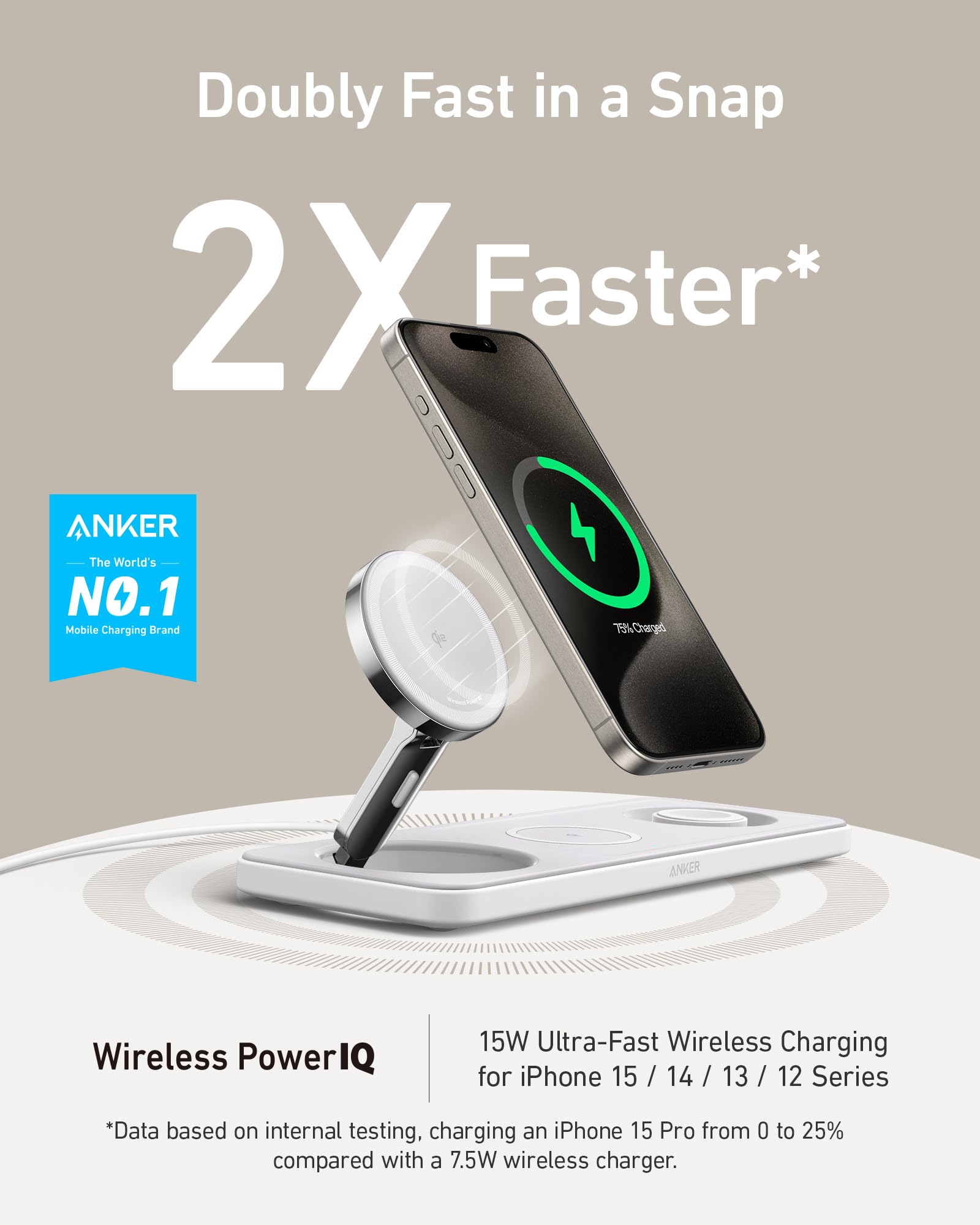 Anker 3-in-1 Foldable Wireless Charging Station for iPhone 16/15/14 Series | Qi2 Certified 15W Fast Charger with MagSafe | Compatible with AirPods & Apple Watch | Includes USB-C Adapter | Perfect for Home, Office & Travel Charging Needs