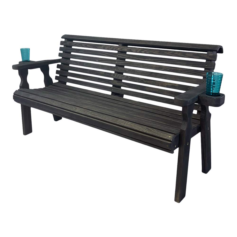 Amish-Made Heavy Duty 4ft Outdoor Garden Bench with Cup Holders - Pressure Treated Black Roll Back Design, 700lb Weight Capacity - Perfect for Patio, Deck, Backyard & Garden Seating