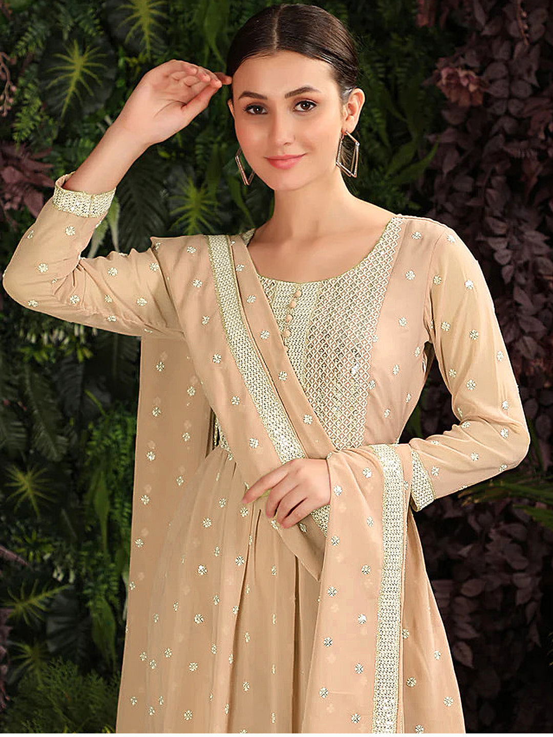 Elegant Beige Pakistani Palazzo Suit with Embroidery & Sequins - Ready to Wear Designer Outfit for Women | Perfect for Weddings, Parties & Special Occasions