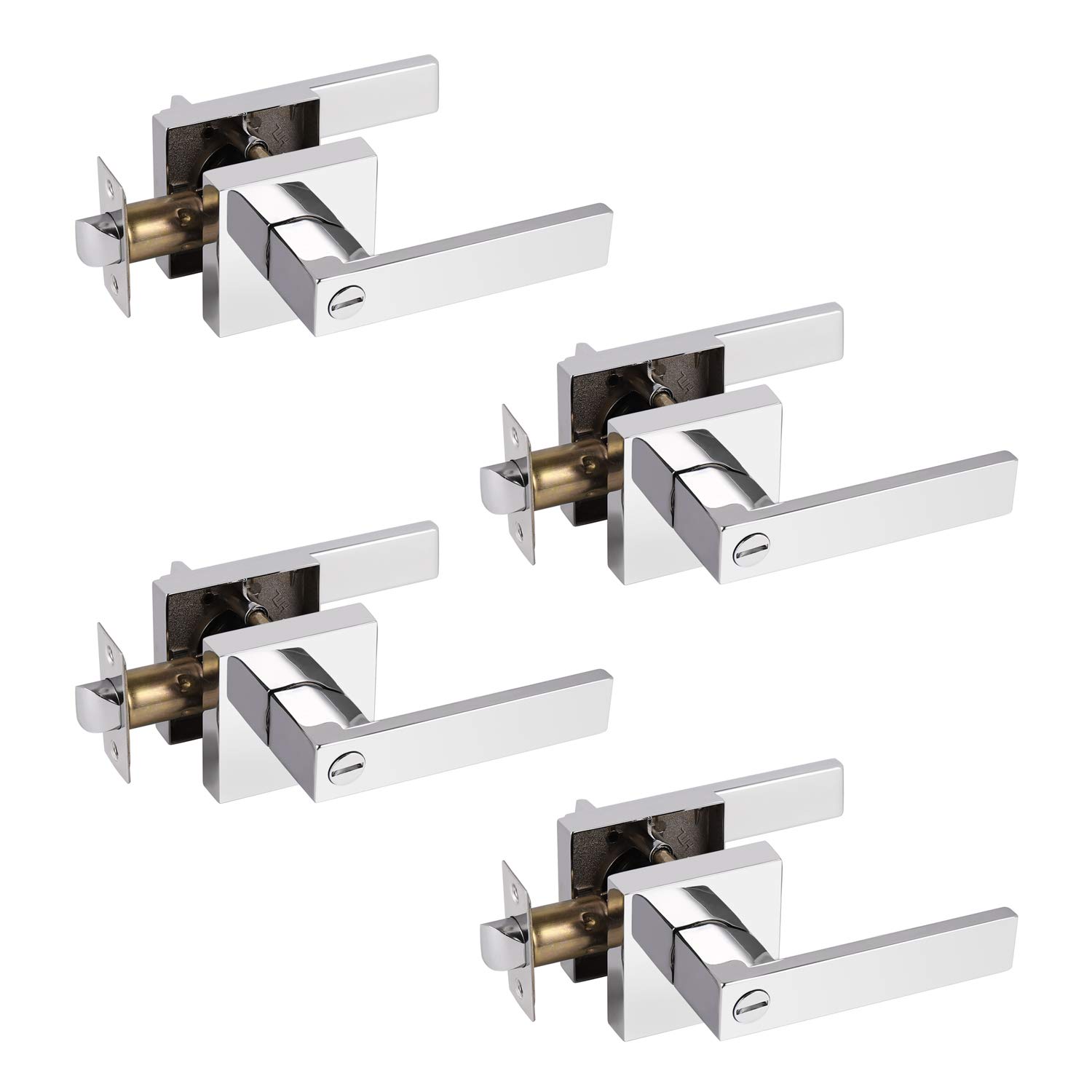 Probrico 4-Pack Square Keyless Privacy Door Levers - Heavy Duty Interior Bedroom & Bathroom Door Handles with Universal Handing - Polished Chrome Finish - Perfect for Home, Office, and Commercial Spaces