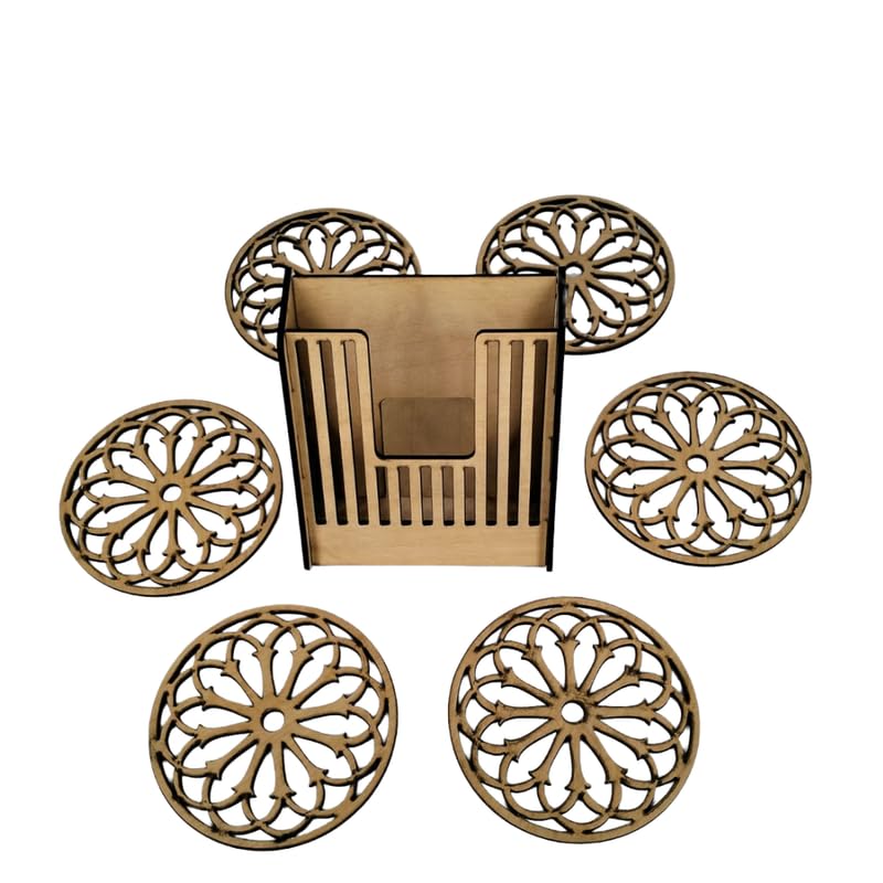 PINK PEARL Set of 6 Golden Rangoli Design Coasters with Wood Stand - Elegant Drink Coasters for Tea Cups, Coffee Mugs & Chai - Perfect Housewarming Gift & Home Decor for Indian Tea Lovers