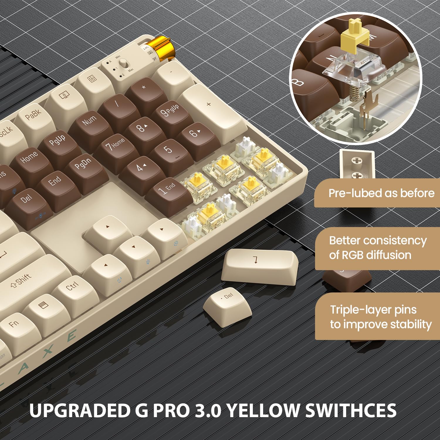 R108 Wireless Mechanical Keyboard - Gateron G Pro 3.0 Yellow Switch, Hot Swappable Wired/Bluetooth/2.4G RGB Gaming Keyboard with PBT Keycaps for Windows & Mac (Lava Brown) - Perfect for Office Work, Gaming & Programming