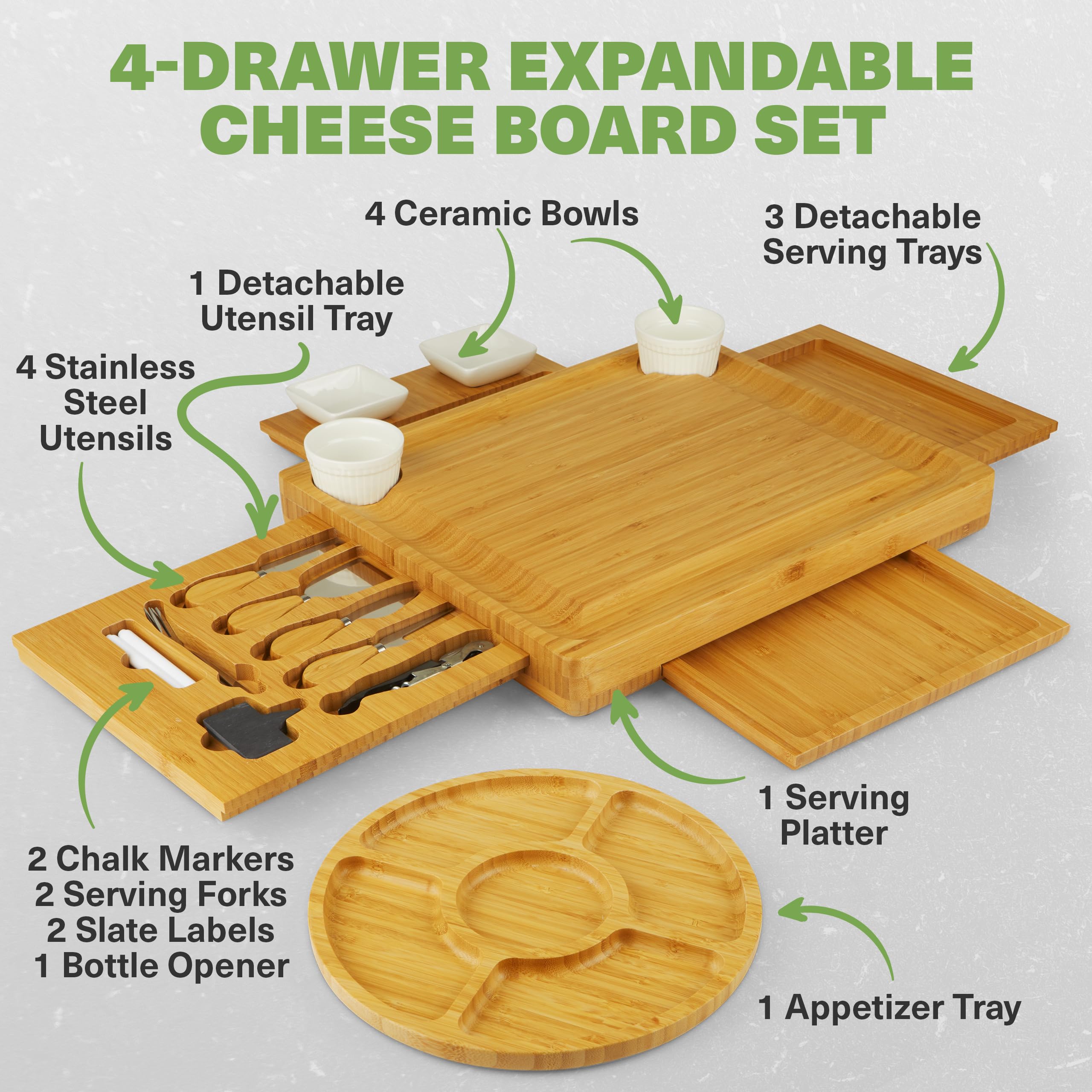 Expandable Bamboo Charcuterie Board Set with 4 Hidden Drawers - Cheese & Appetizer Serving Tray with Stainless Steel Utensils, Ceramic Bowls & Utensil Storage - Perfect for Entertaining, Dinner Parties & Charcuterie Displays
