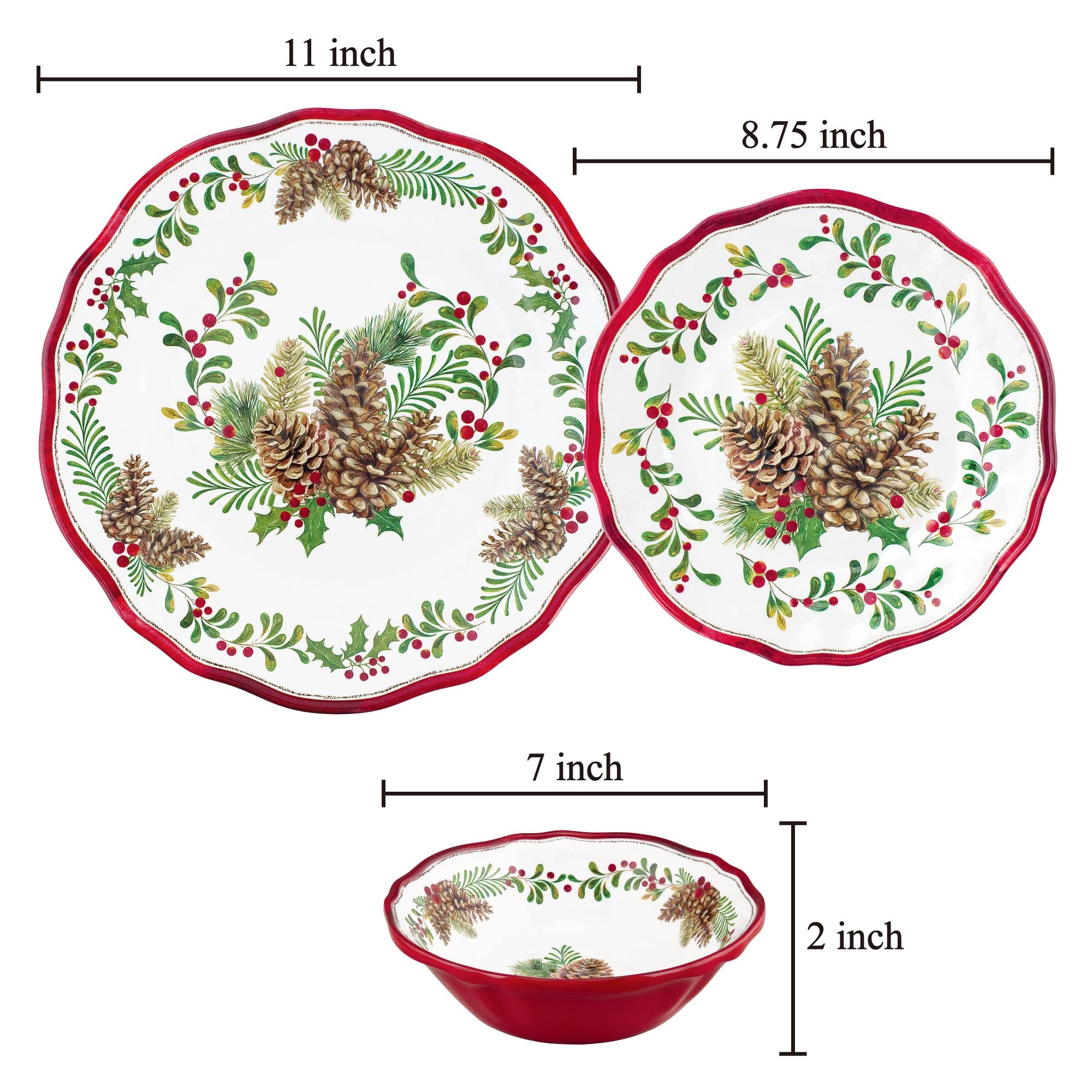 UPware 12-Piece Melamine Dinnerware Set - Pinecone Design Plates & Bowls for 4, Durable Outdoor Dishes, Christmas Tableware - Perfect for Picnics, Camping & Holiday Decorations