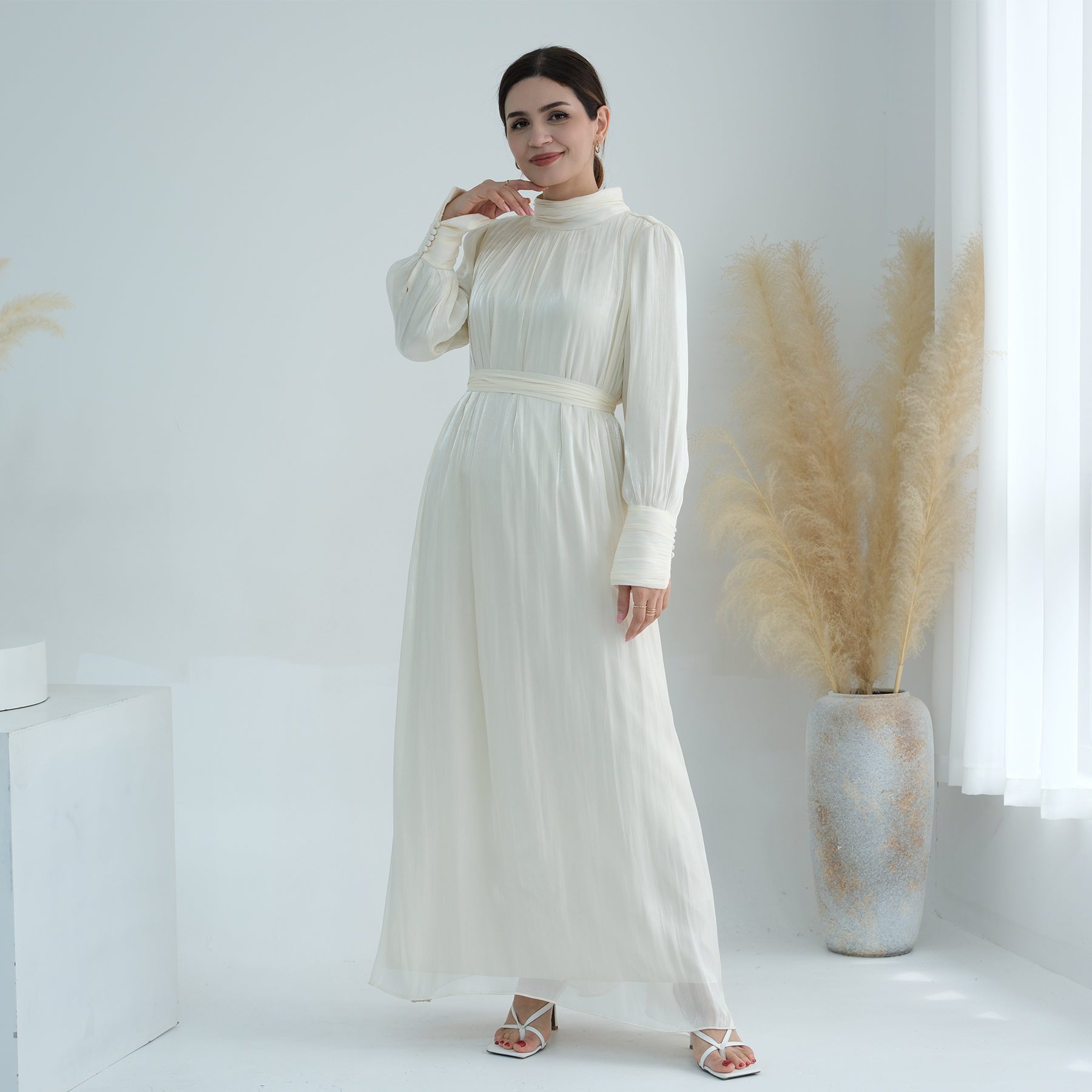 Indira Sparkles Long Sleeve Maxi Dress Ivory - Elegant Evening Gown for Women, Perfect for Weddings, Parties & Special Occasions
