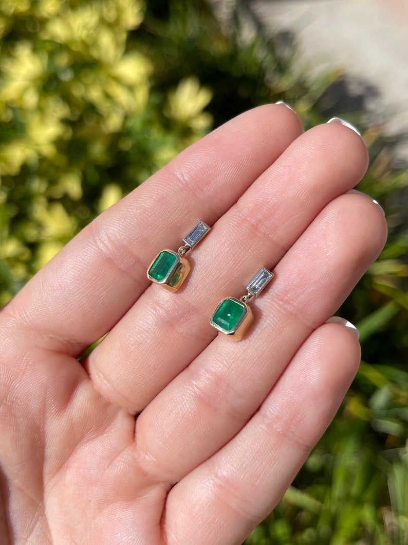2.30tcw 14K Gold Asscher Cut Emerald and Diamond Dangle Earrings - Luxury Bezel Set Green Gemstone Jewelry for Women, Perfect for Weddings, Parties & Special Occasions