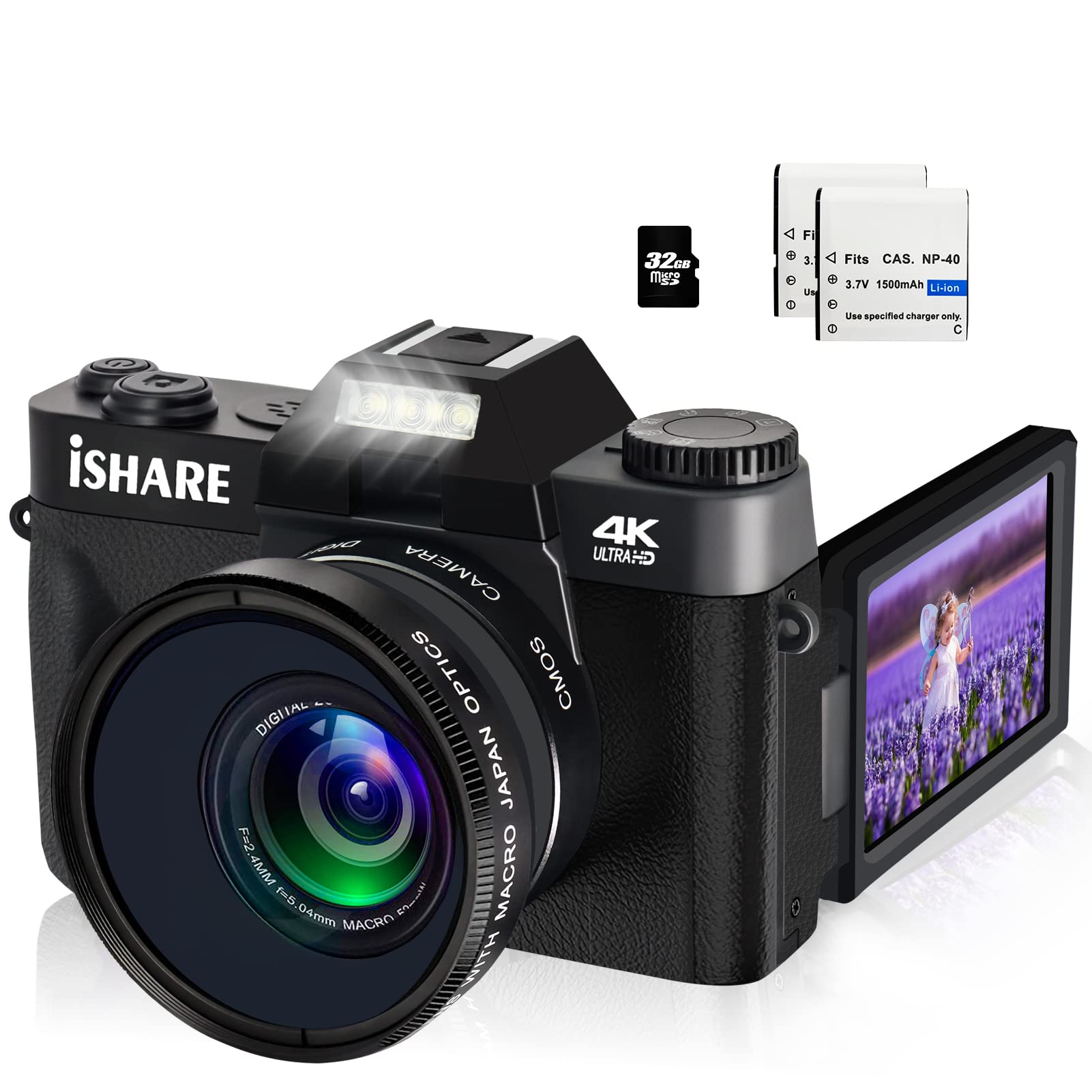 ISHARE 4K Digital Camera 48MP with WiFi - 3 Inch Flip Screen & 16X Zoom - Vlogging Camera for YouTube, Travel & Content Creation (Includes 32GB Micro Card) - Perfect for Photography, Videography & Social Media