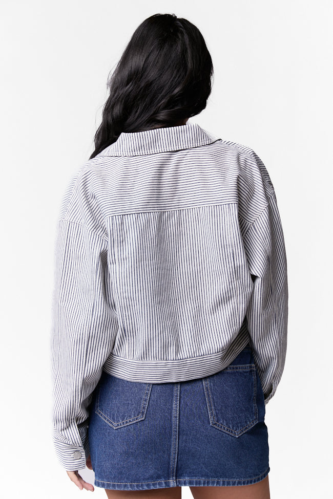 Say It Again Navy Striped Denim Jacket for Women - Vintage Style Denim Coat with Striped Design - Perfect for Casual Outfits, Spring Layering & Streetwear Fashion