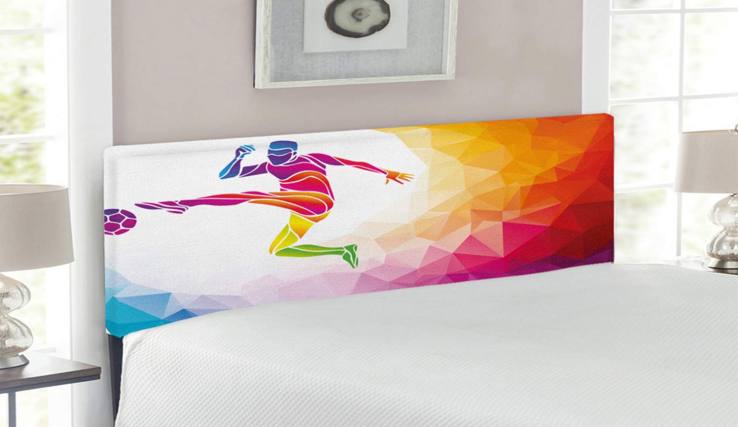 Ambesonne Queen Size Upholstered Headboard with Memory Foam - Fractal Soccer Player Polygonal Abstract Design - Decorative Metal Bed Frame for Teen Room - Multicolor | Perfect for Sports-Themed Bedrooms & Modern Teen Decor