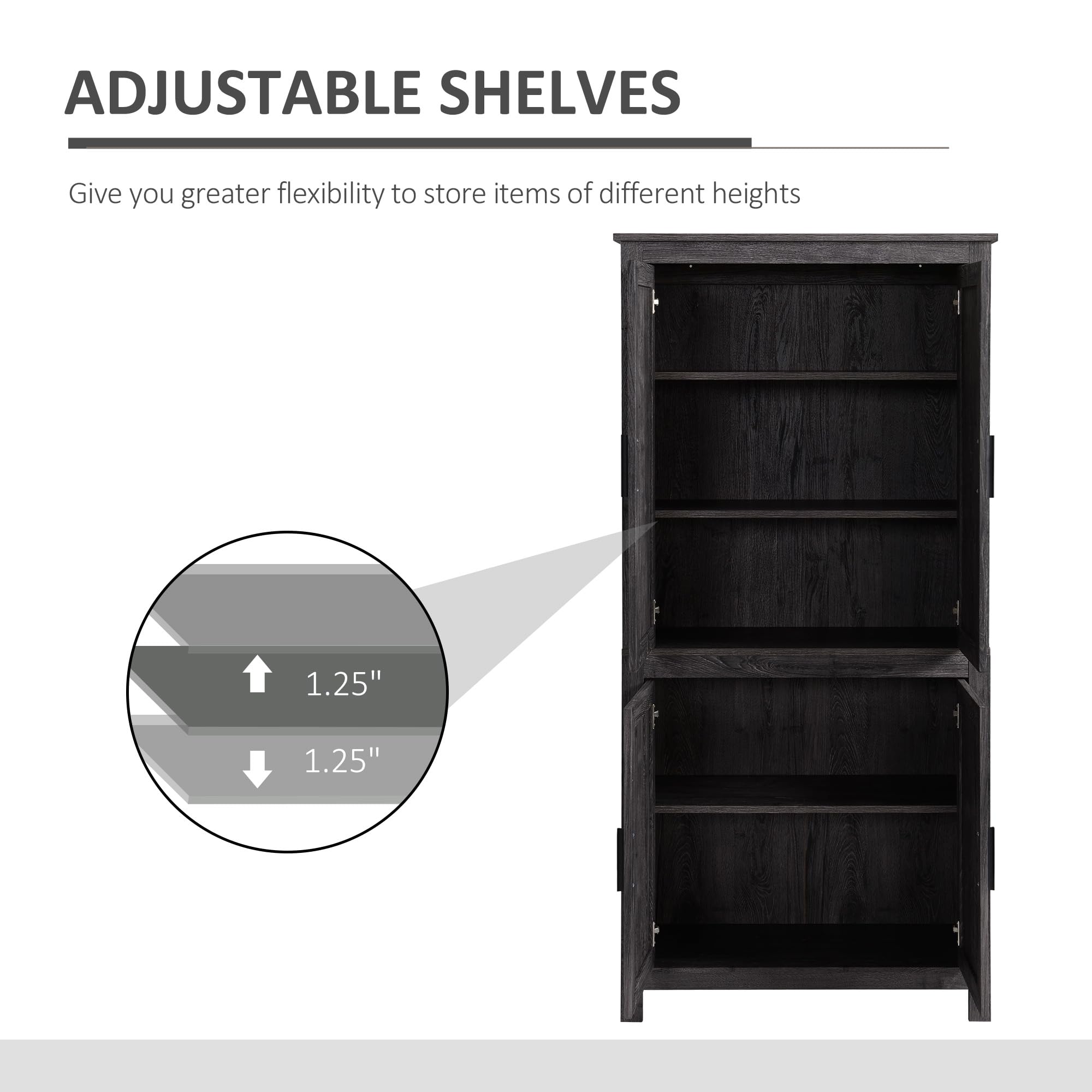 HOMCOM 64 Inch Kitchen Pantry Cabinet with 4 Doors & 3 Adjustable Shelves - Freestanding Storage Organizer for Dining Room, Kitchen, Pantry - Modern Gray Cabinet for Home Organization & Space Saving