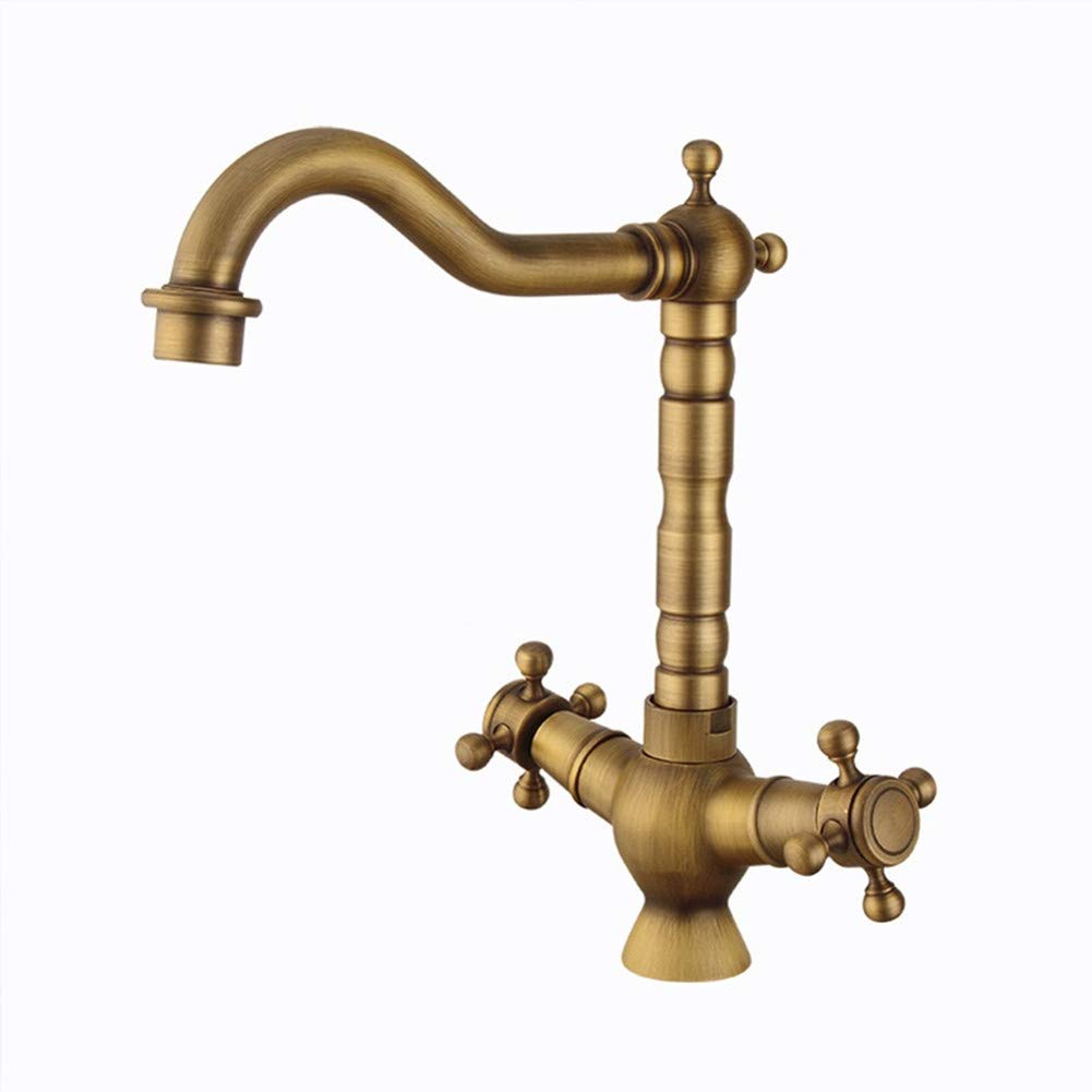 Antique Brass Dual Lever Kitchen Sink Mixer Faucet - 2-Handle Swivel Spout Basin Tap for Modern & Vintage Home Decor | Perfect for Farmhouse, RV, and Restaurant Use