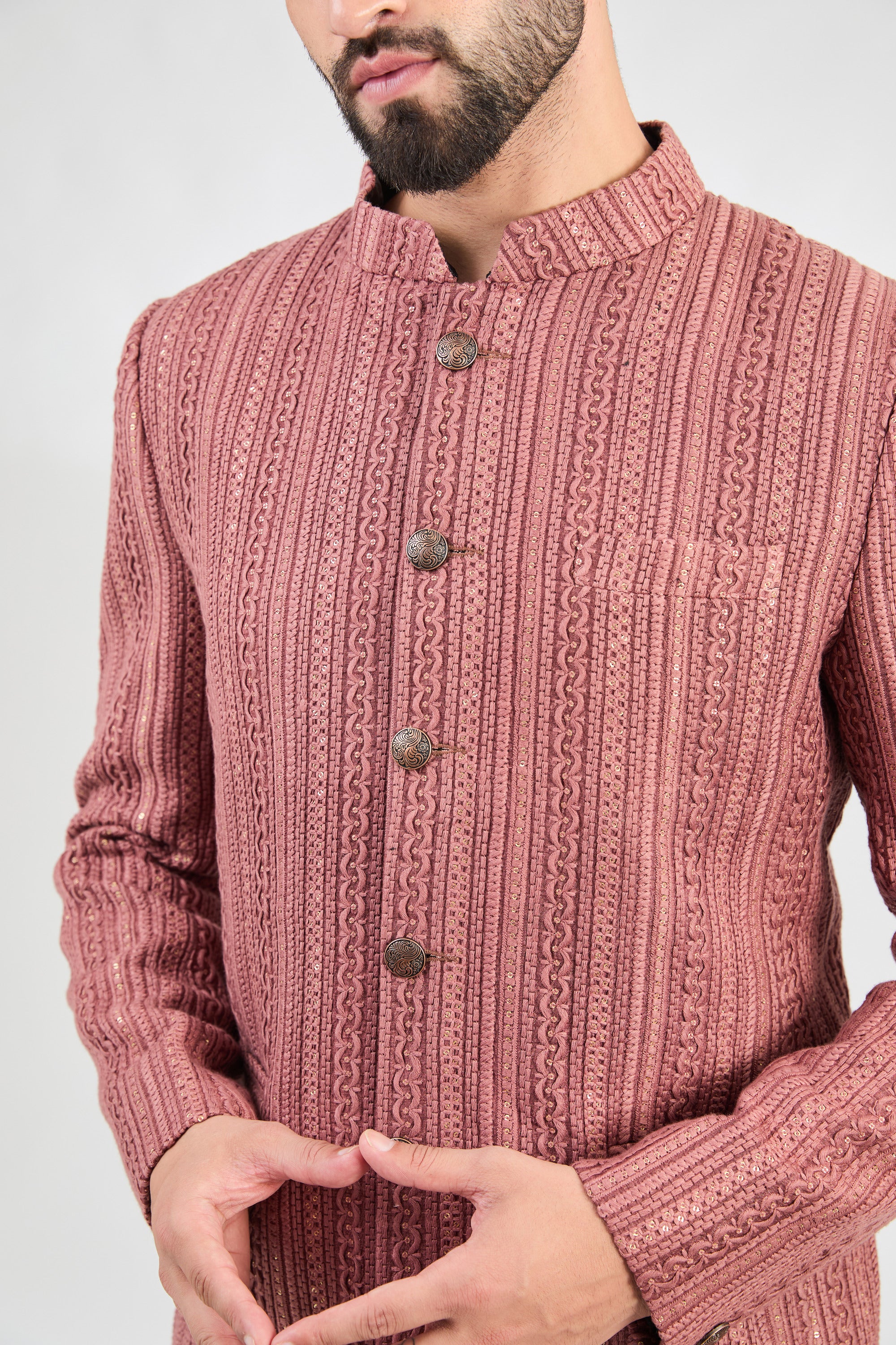 Elegant Mauve Taupe Heavy Embroidered Bandhgala Jacket for Men - Perfect for Weddings, Parties & Formal Events