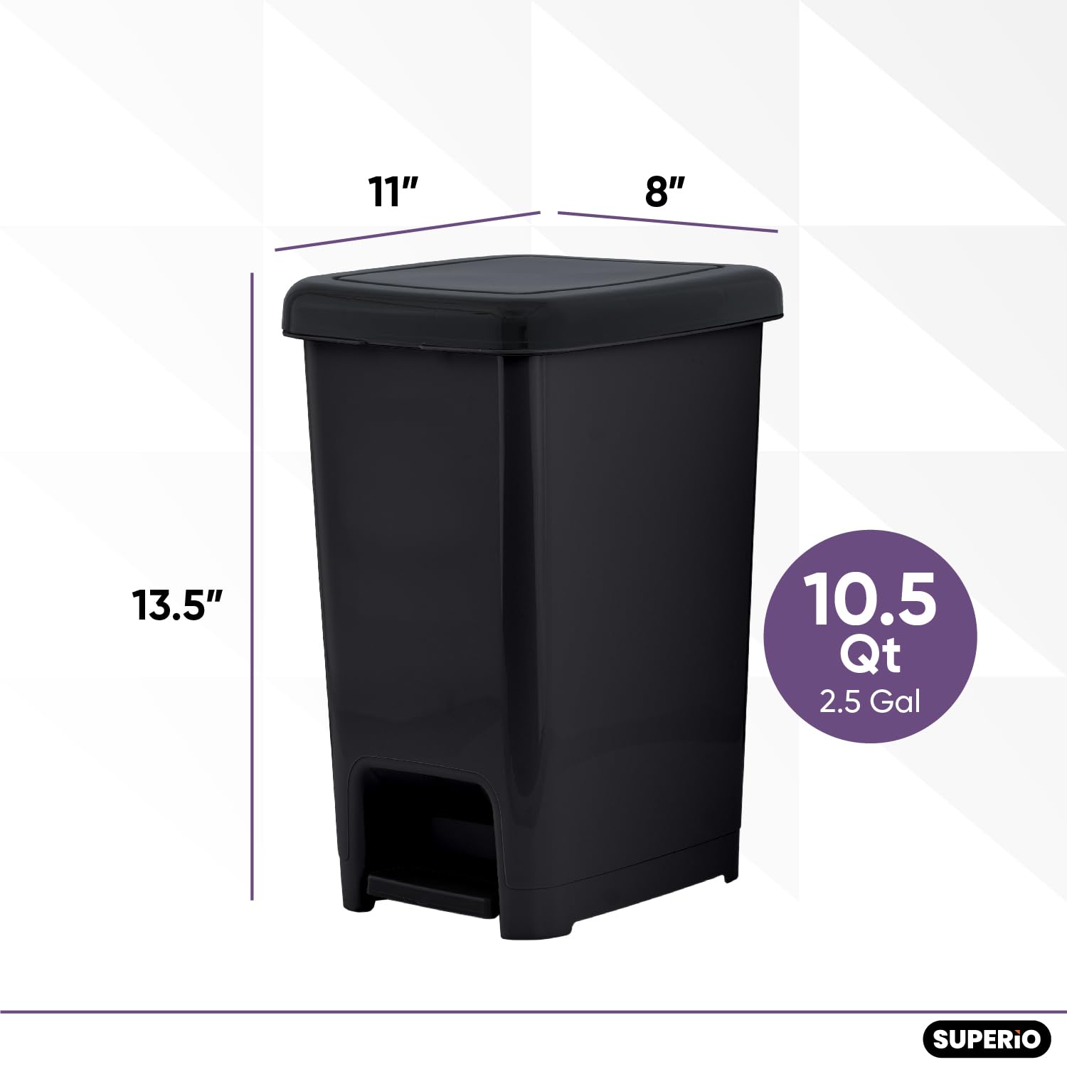 Superio 2.5 Gallon Slim Step-On Trash Can with Lid - Small Plastic Garbage Bin for Bathroom, Kitchen, Office, Under Desk, Bedroom & Dorm - Space-Saving Design, Hands-Free Foot Pedal Operation - Perfect for Tight Spaces & Hygiene-Conscious Homes (Black)