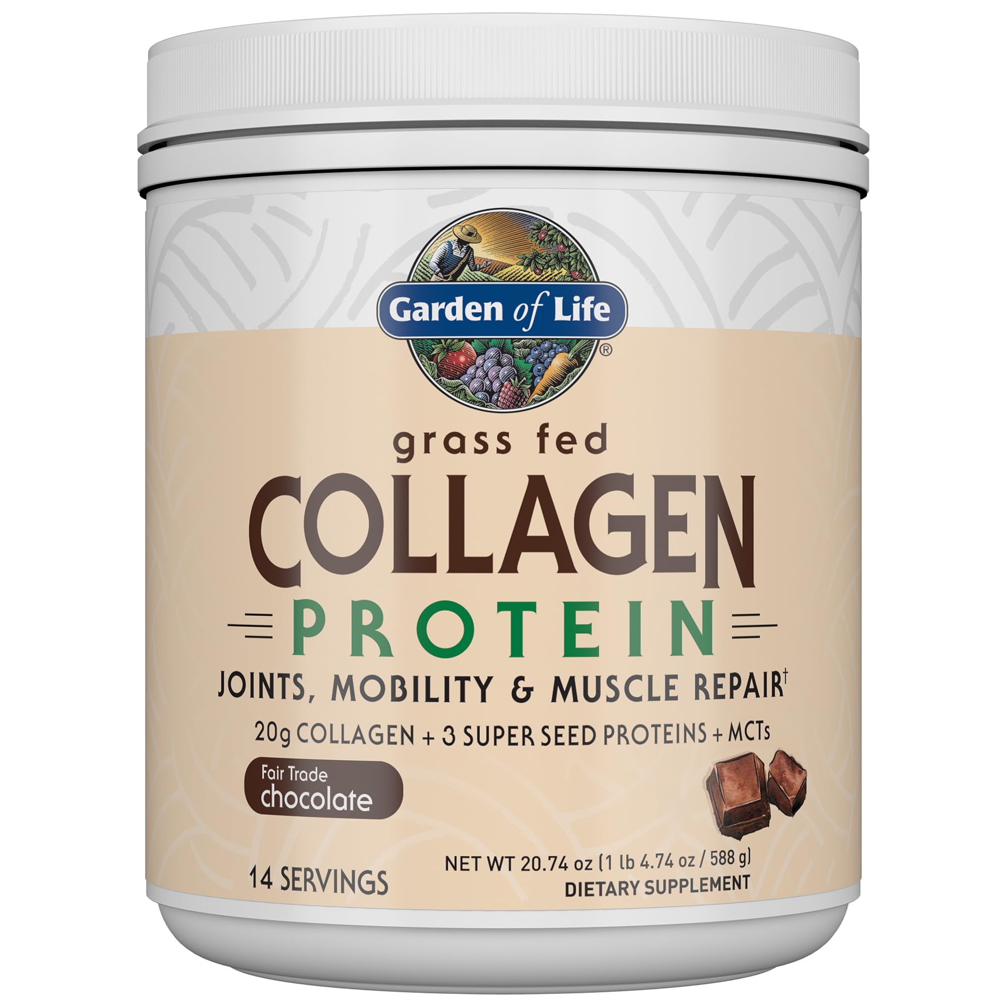 Garden of Life Grass Fed Collagen Protein Powder - Chocolate Flavor, 14 Servings | Hydrolyzed Collagen Peptides for Joint Support, Muscle Recovery & Skin Health | With Super Seeds & Coconut MCTs | Keto, Paleo & Gluten Free Supplement | Perfect for Smoothies, Coffee & Baking