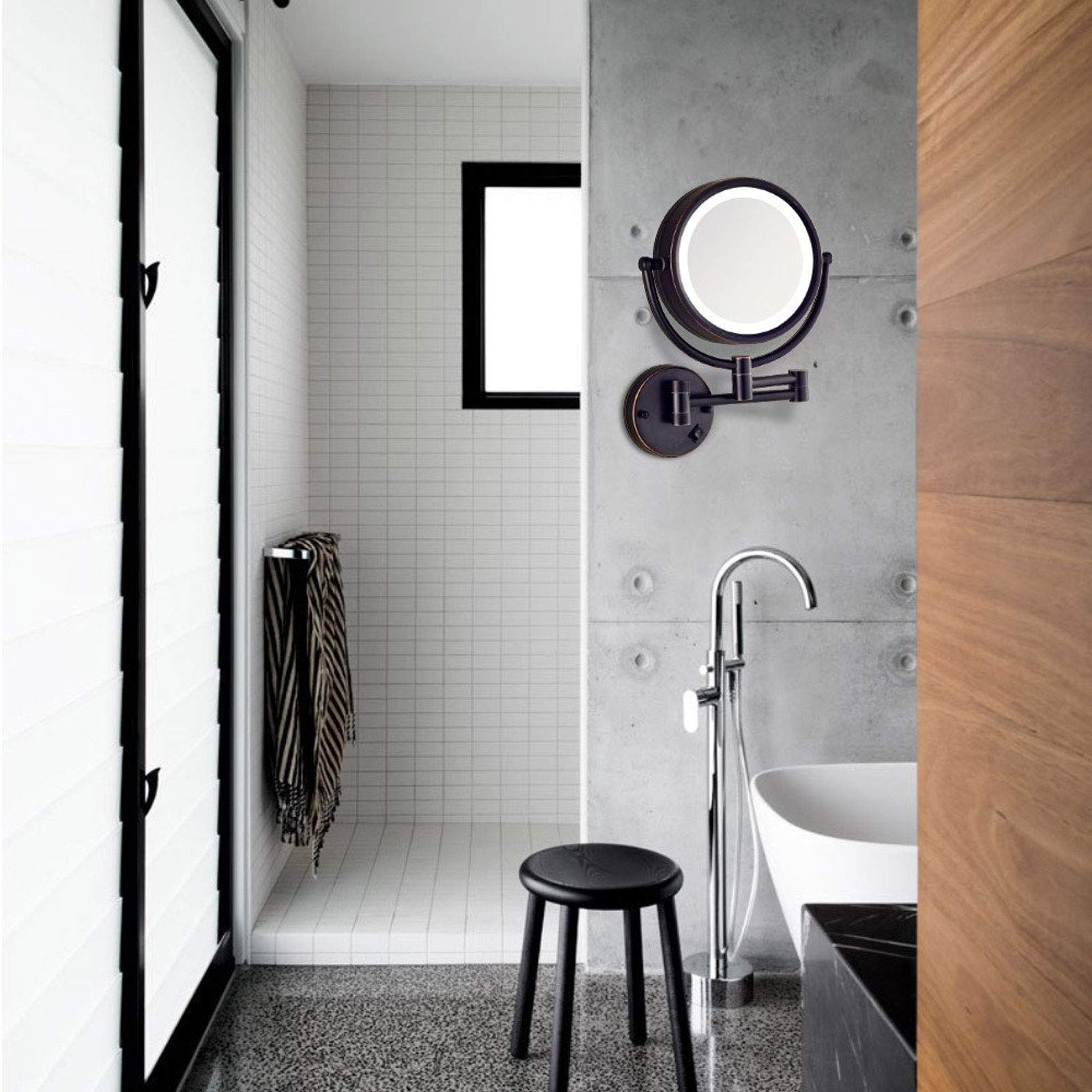 Wall Mount Makeup Mirror with LED Lights - 360° Swivel Extendable Vanity Mirror for Bathroom & Dressing Room - Black Cosmetic Mirror with Bright Adjustable Lighting for Perfect Makeup Application
