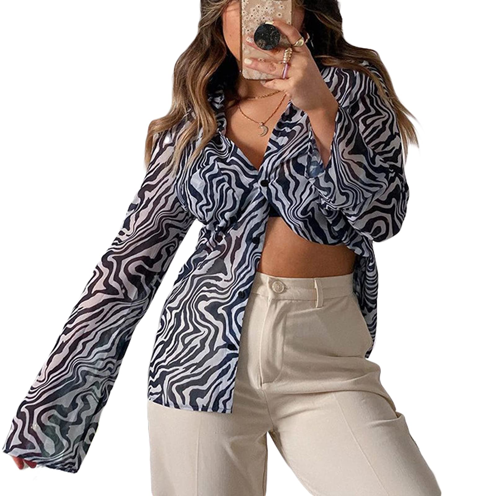 Eromantic Women's Y2K Fashion Zebra Striped Button Down Shirt - Long Sleeve Lapel Blouse for Summer | Casual Office Wear & Street Style Outfit