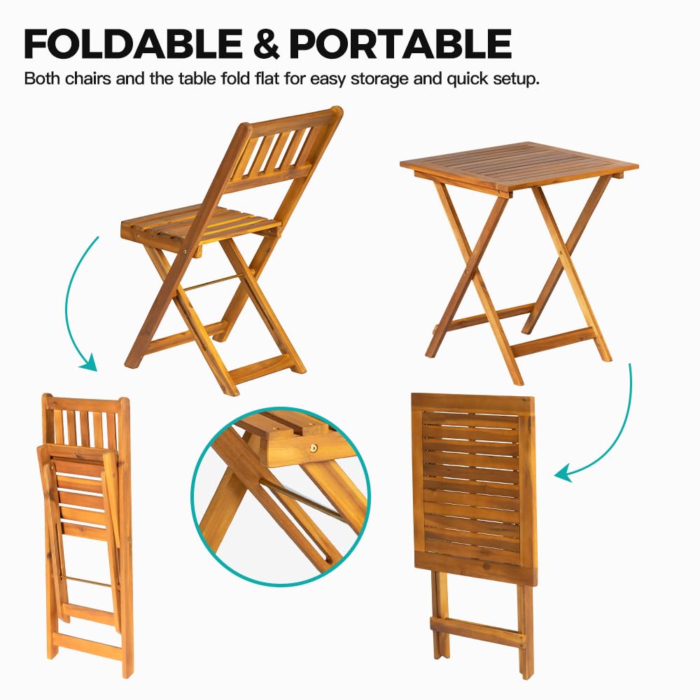 Panana 3-Piece Acacia Wood Patio Bistro Set with Cushions - Foldable Outdoor Furniture for Garden, Deck & Yard - Perfect for Dining, Relaxing & Entertaining