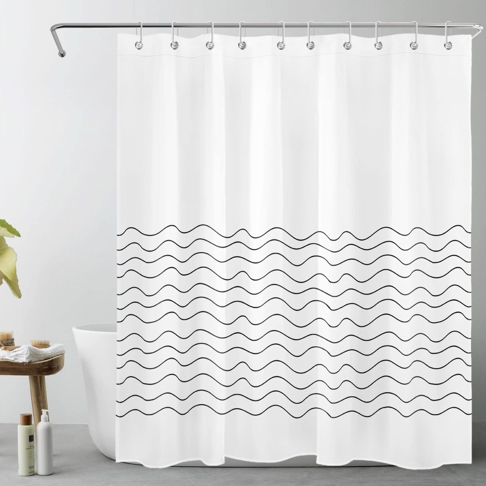 HVEST Black and White Wave Stripe Shower Curtain - Minimalist Boho Bathroom Decor with Hooks, 60x72 Inches Polyester Fabric - Perfect for Modern, Coastal & Spa-Inspired Bathrooms