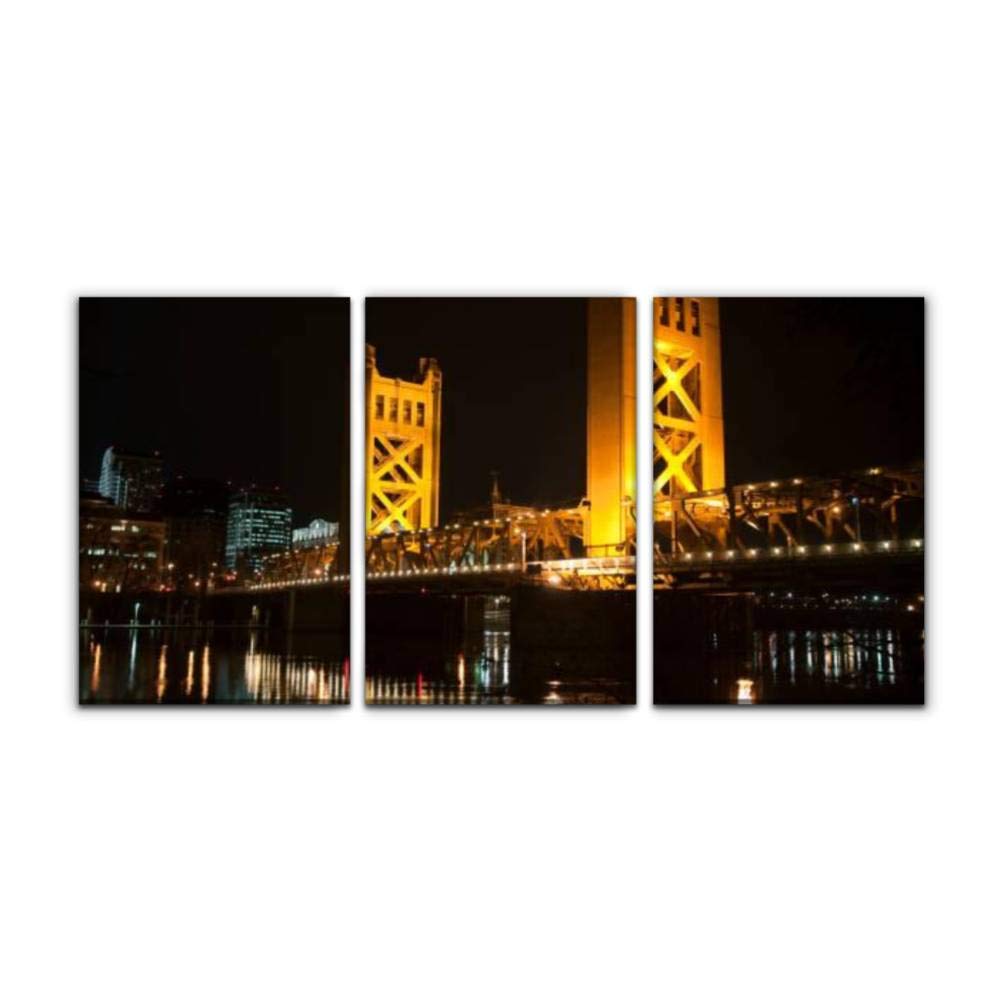 Modern Canvas Wall Art - Sacramento Tower Bridge Night Scene Oil Painting - Framed Landscape Decor for Home, Office, Bedroom - Set of 3 (16x24 inches) - Perfect for Living Room Decor & Gift Giving