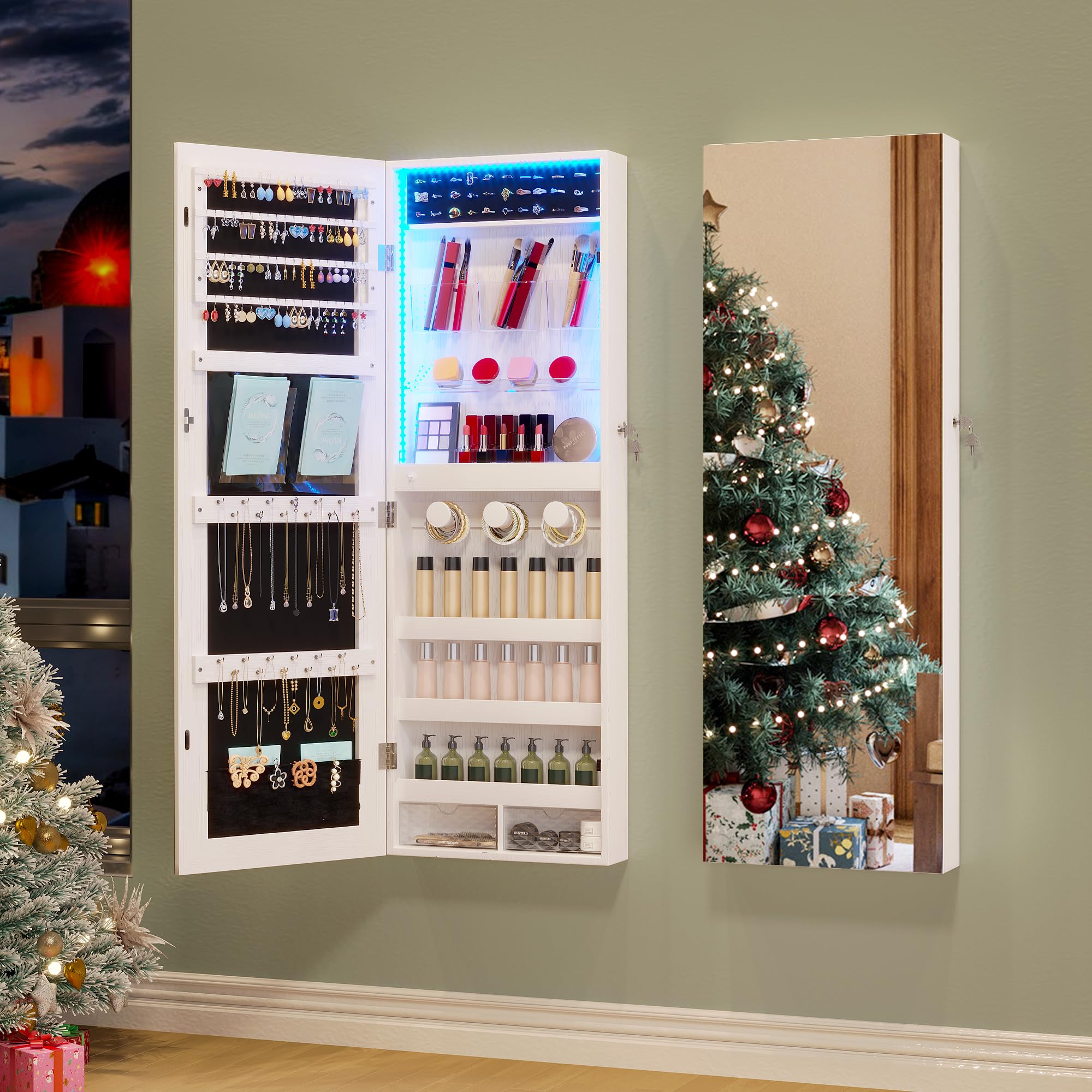 LVSOMT White Lockable Jewelry Armoire Organizer with LED Lights - Wall/Door Mounted Mirror Jewelry Cabinet with Storage | Perfect for Bedroom, Closet & Dressing Room Organization