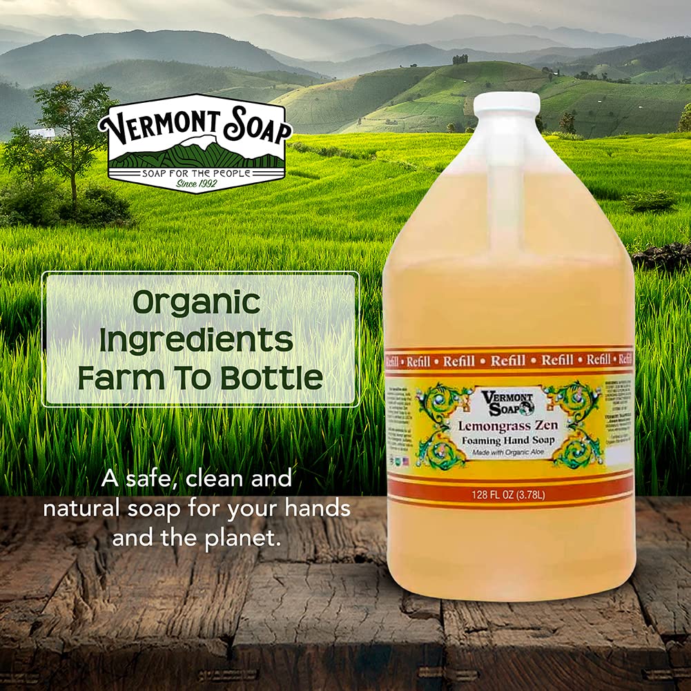 Vermont Organics Foaming Hand Soap - Ready-to-Use Lemongrass Scented Liquid Soap with Pre-Diluted Formula | Gallon Refill Size for Home, Office & Commercial Use | Natural & Economical Hand Wash Solution